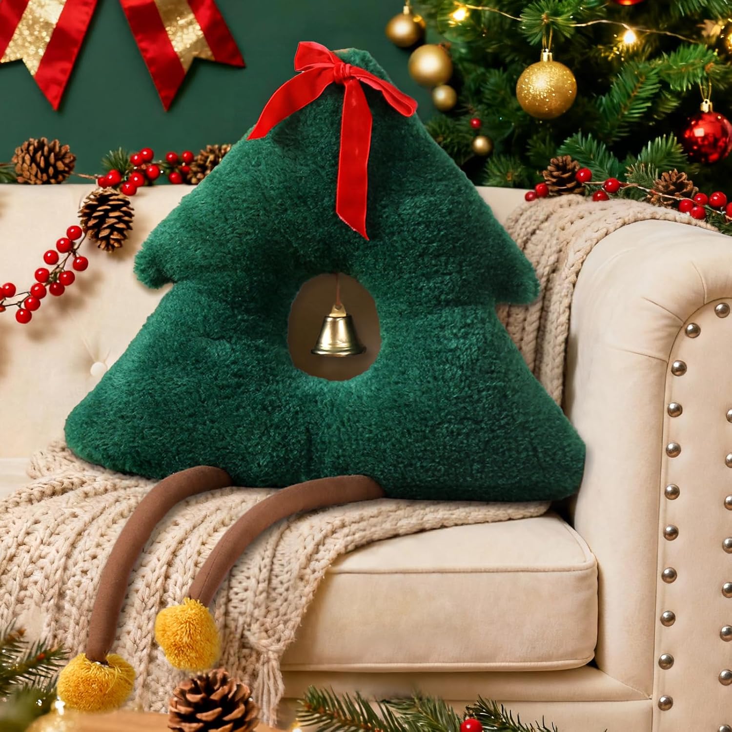 Lahome Christmas Decorations Plush Throw Pillow Soft Green Christmas Tree Shaped Pillow with Bell,Cute Cushion Xmas Winter Holiday Party Decor Indoor for Kids Home Sofa Bed Couch Office Living Room Green Tree