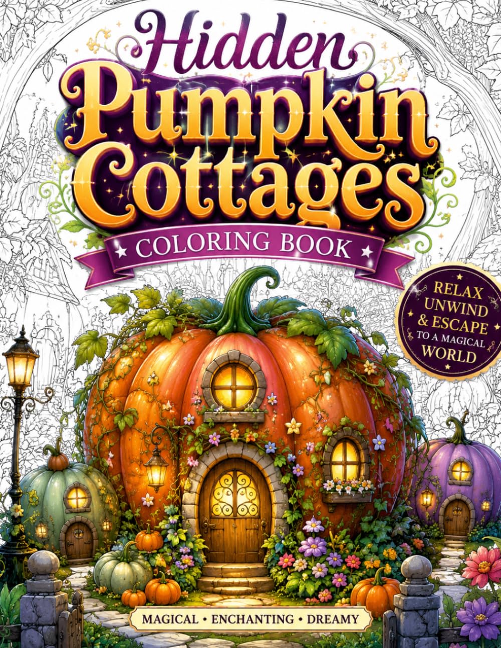 Hidden Pumpkin Cottages Coloring Book: Cozy Fantasy Pumpkin House Interiors, Enchanted Fairy Cottage Rooms, Magical Storybook Village Scenes, ... Creative Escape & Detailed Coloring Pages