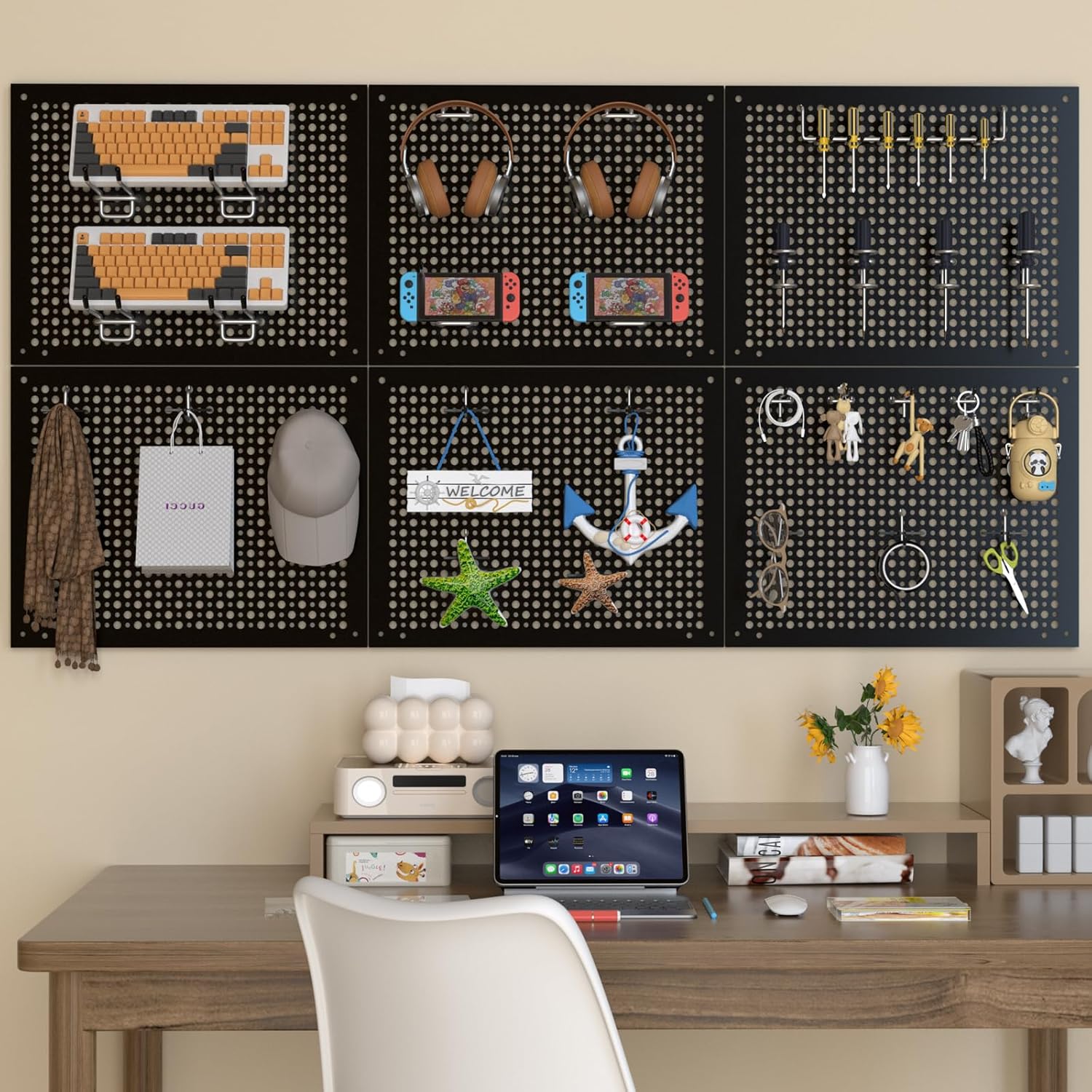 Metal Peg Board Kit with 1/4" Pegboard Accessories,Include 16.5"X13" Peg Board and Extra Thick Pegboard Accessories,Wall Organizer PegBoard Panels Tool Organizer Storage System (128)