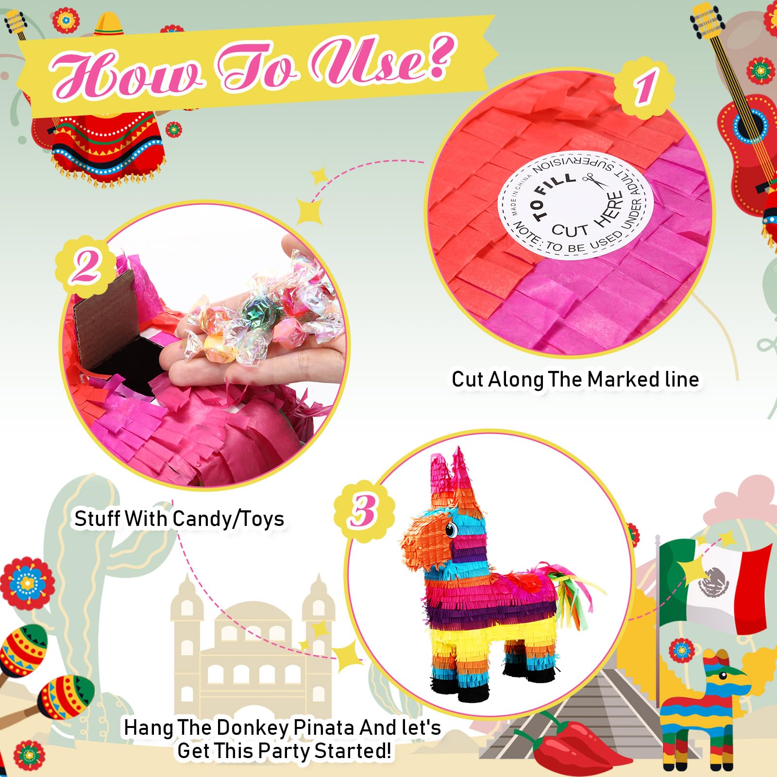Poen Piñata grande de burro arcoíris de 21 pulgadas, piñata multicolor para fiesta, 53 x 15,7 x 6 pulgadas, decoración de fiesta temática mexicana, carnaval, festivales, eventos de martes de tacos,