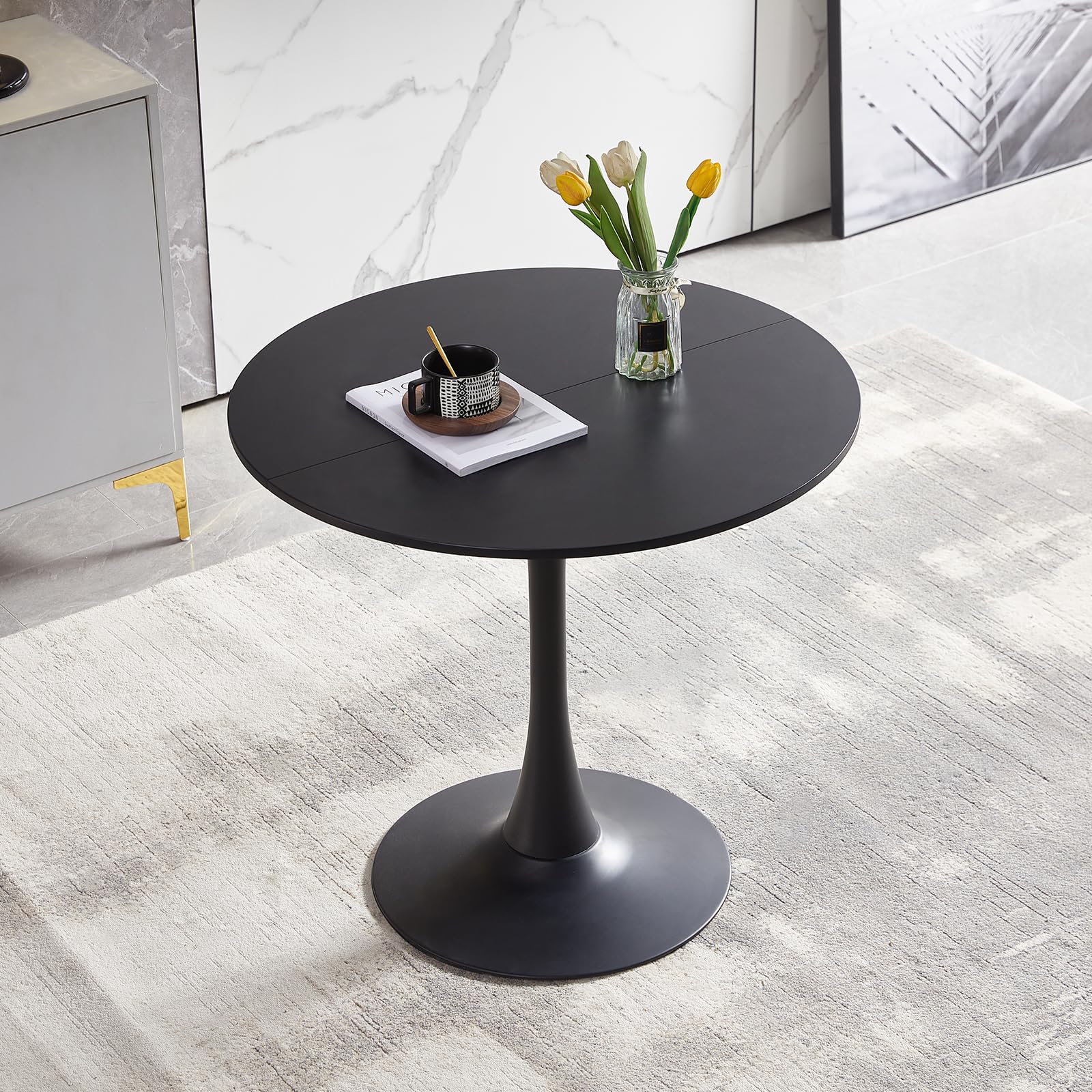 Runder Esstisch mit 4 Stühlen Set, Balkonmöbel Set für Kleinen Balkon, Balkontisch Klein für Garten, Terrasse, Balkon, Schwarzer Tisch (Ø 80 cm) + 4 Schwarze Sessel