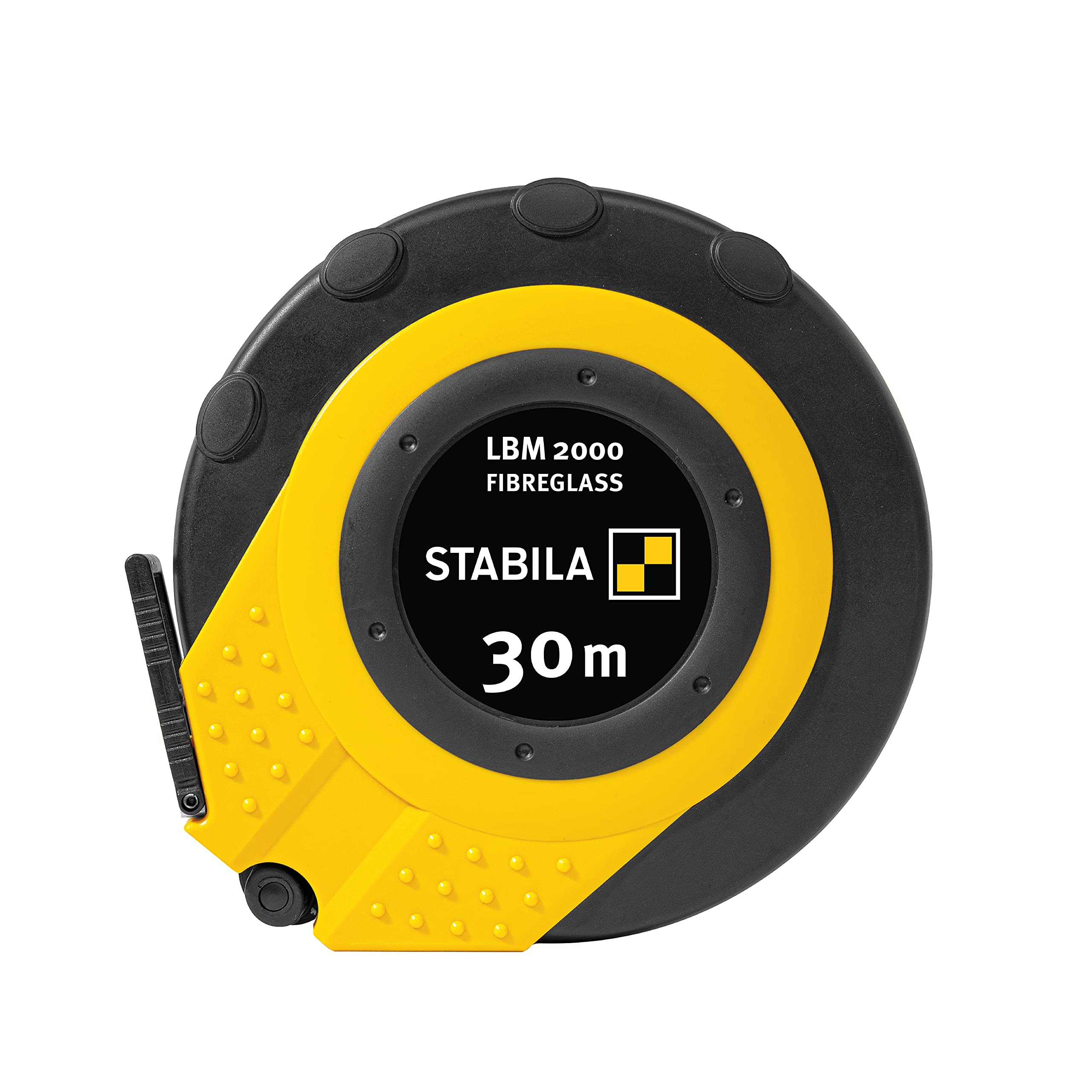 STABILA Capsule Tape Measure LBM 2000 Fibreglass 30 m Fibreglass Measuring Tape with Metric Scale and Kink Protection, Universal Hook, Shatterproof Capsule, MID Accuracy