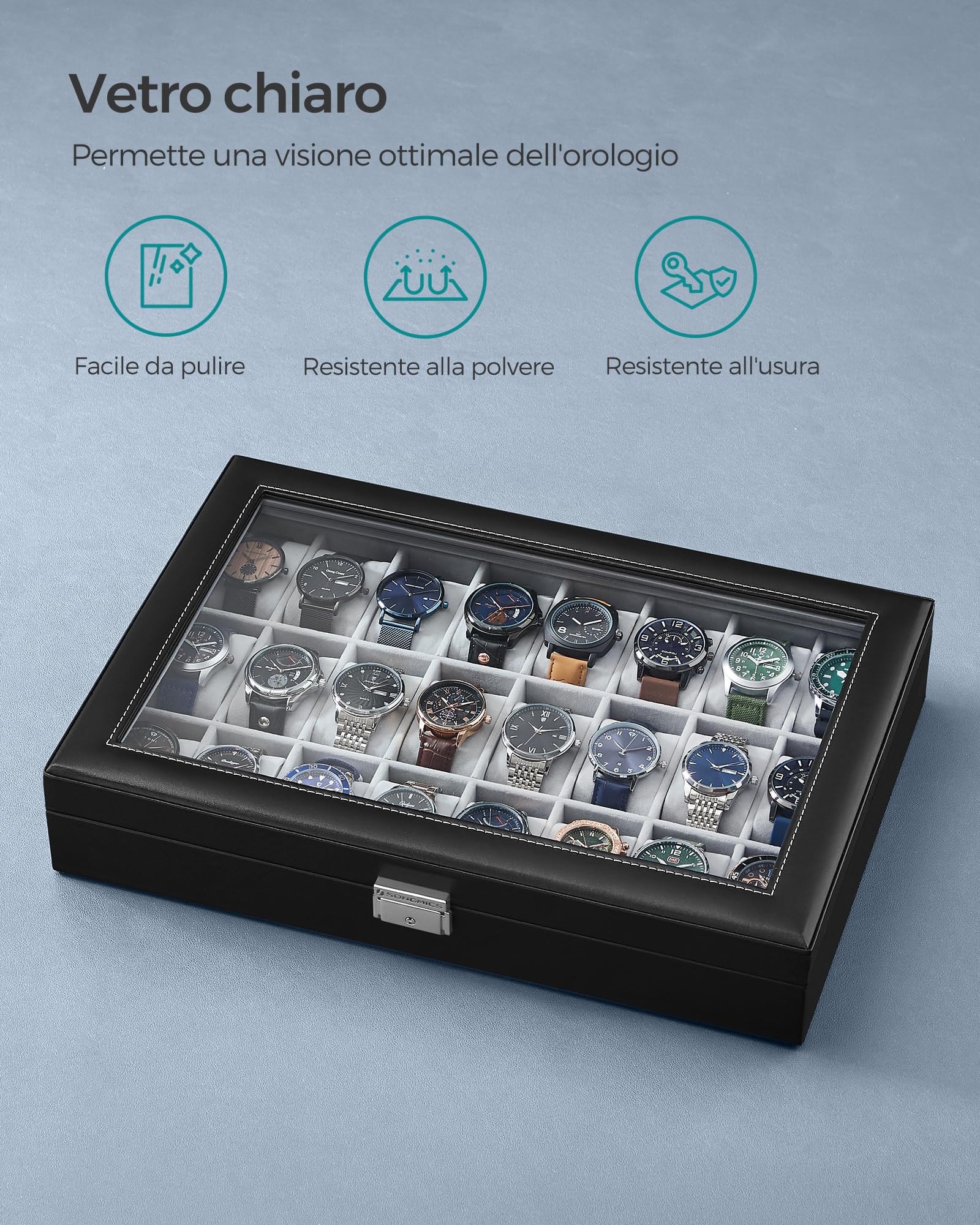 SONGMICS Porta Orologi, Scatola Portaorologi con 24 Posti, Coperchio in Vetro, Custodia per Orologi, Idea Regalo, Superficie Nera Inchiostro, Interno Grigio Tortora JWB024