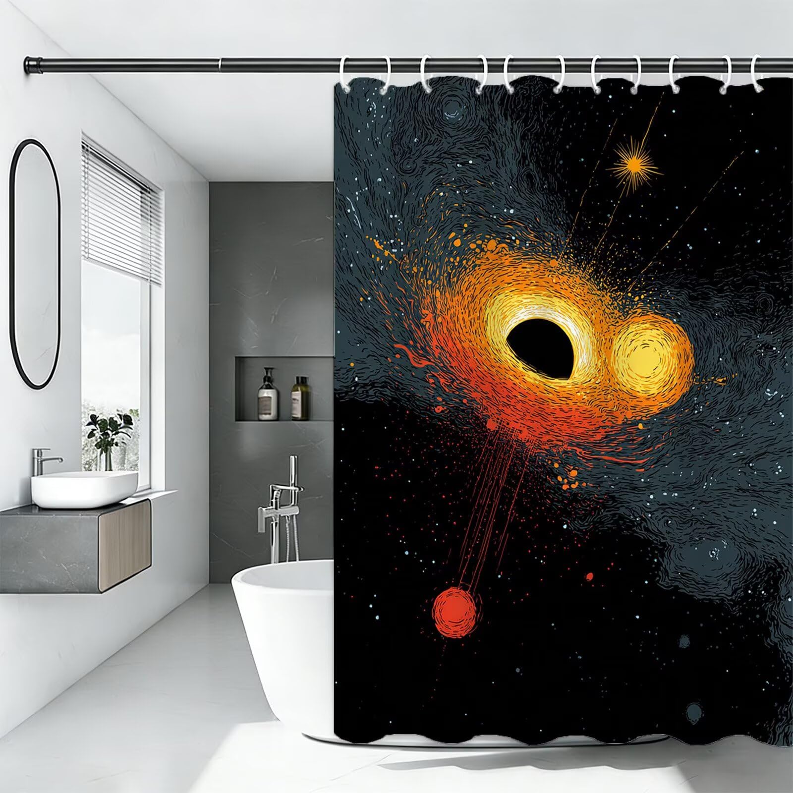Rideau Douche 180x240, Rideaux Galaxie Rideau de Douche Noir Tissu Lavable Imperméable Polyester, Séchage Rapide avec 12 Crochets Shower Curtain pour Salle de Bain Domicile Baignoire, Hôtel, Model620