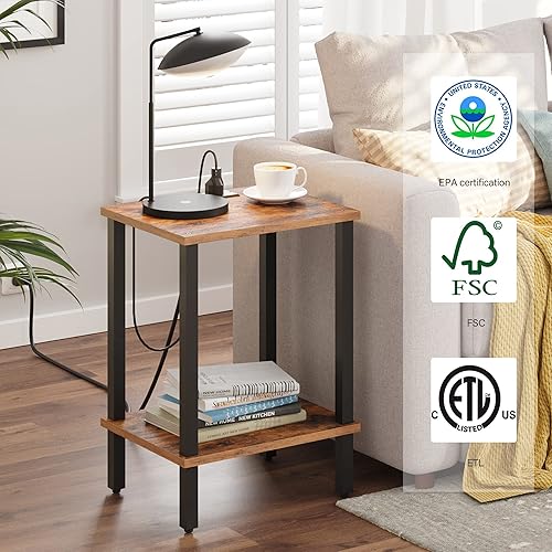 Miniatura 6 de TUTOTAK Mesa auxiliar con estación de carga, mesa auxiliar con puertos USB y tomacorrientes, mesita de noche, estante de almacenamiento de 2