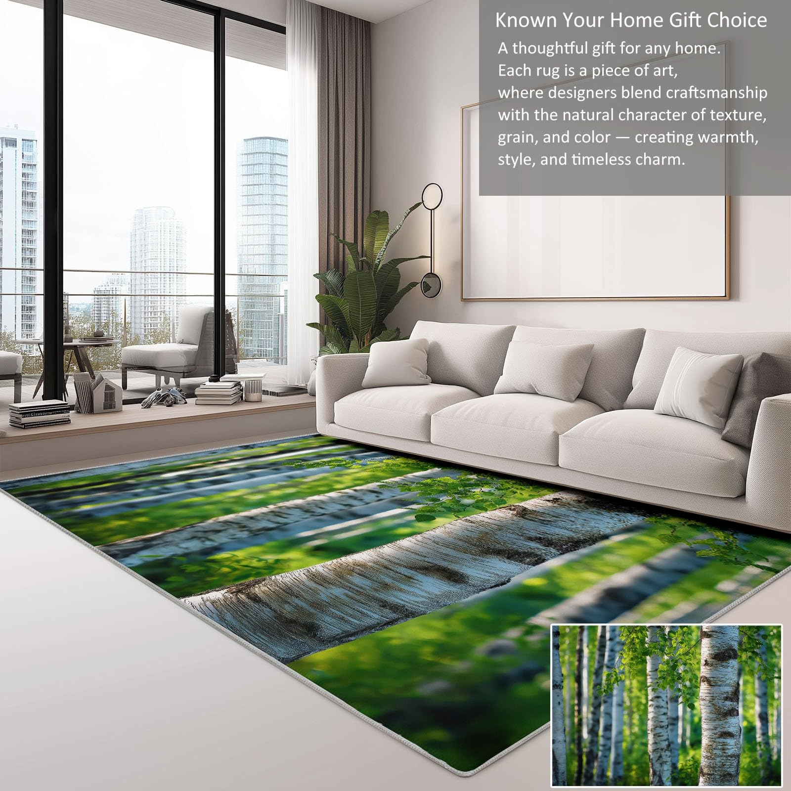 Zmywalny dywan 80 x 150 cm, antypoślizgowy dywan z motywem lasu brzozowego, fotografia przyrody, duży dywan, do salonu, sypialni, kuchni, holu, niski runo, miękki w dotyku dywan