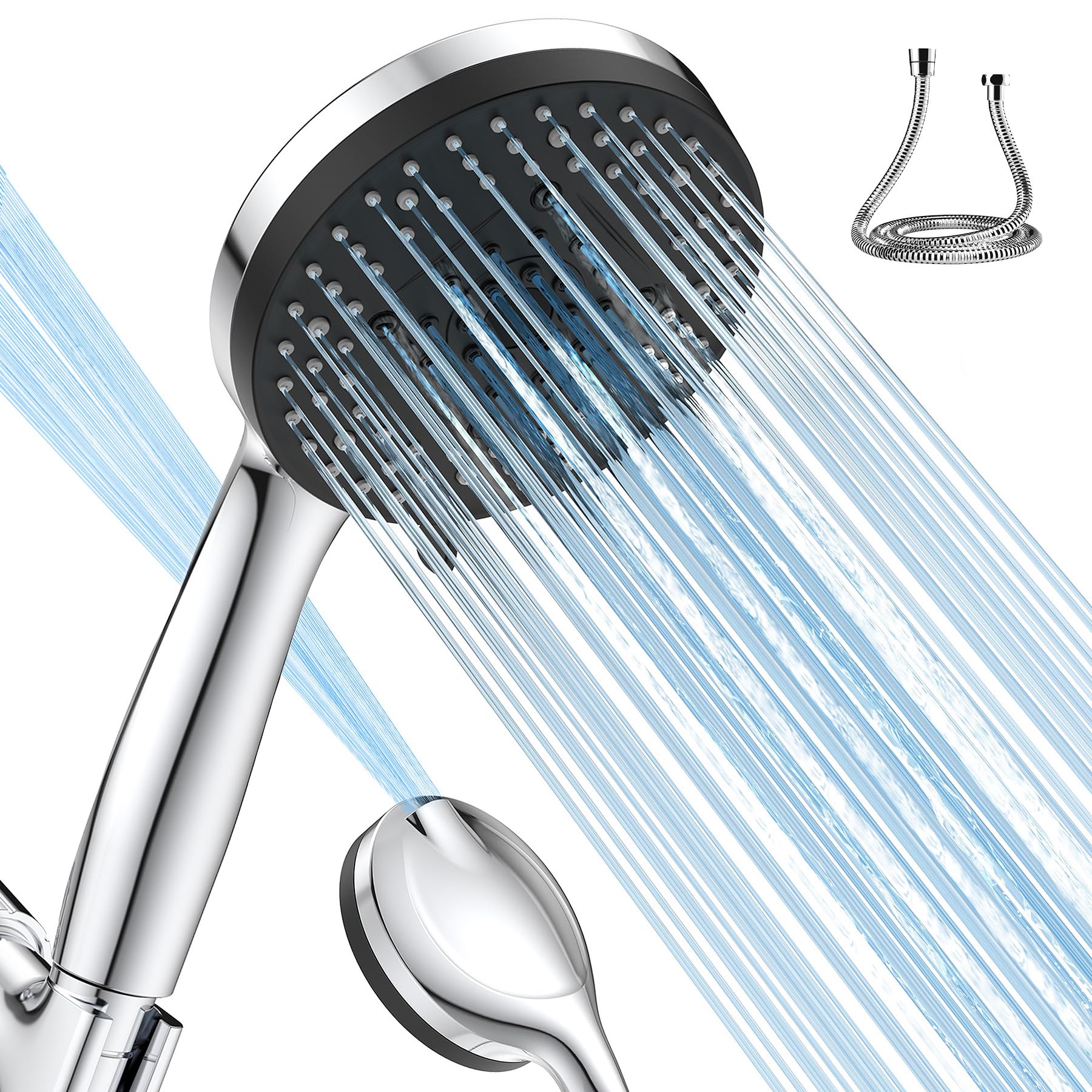 VOXON Pommeau de douche haute pression avec poignée - 10 modes de douche avec tuyau de 1,5 m - Pomme de douche à économie d'eau - Buses anti-obstruction - Mode pause intégré - Pour douche, nettoyage
