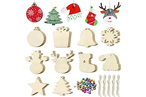 50 PCS Wooden Christmas Ornament Cutouts Unfinished DIY Christmas Wooden Slices With Bells