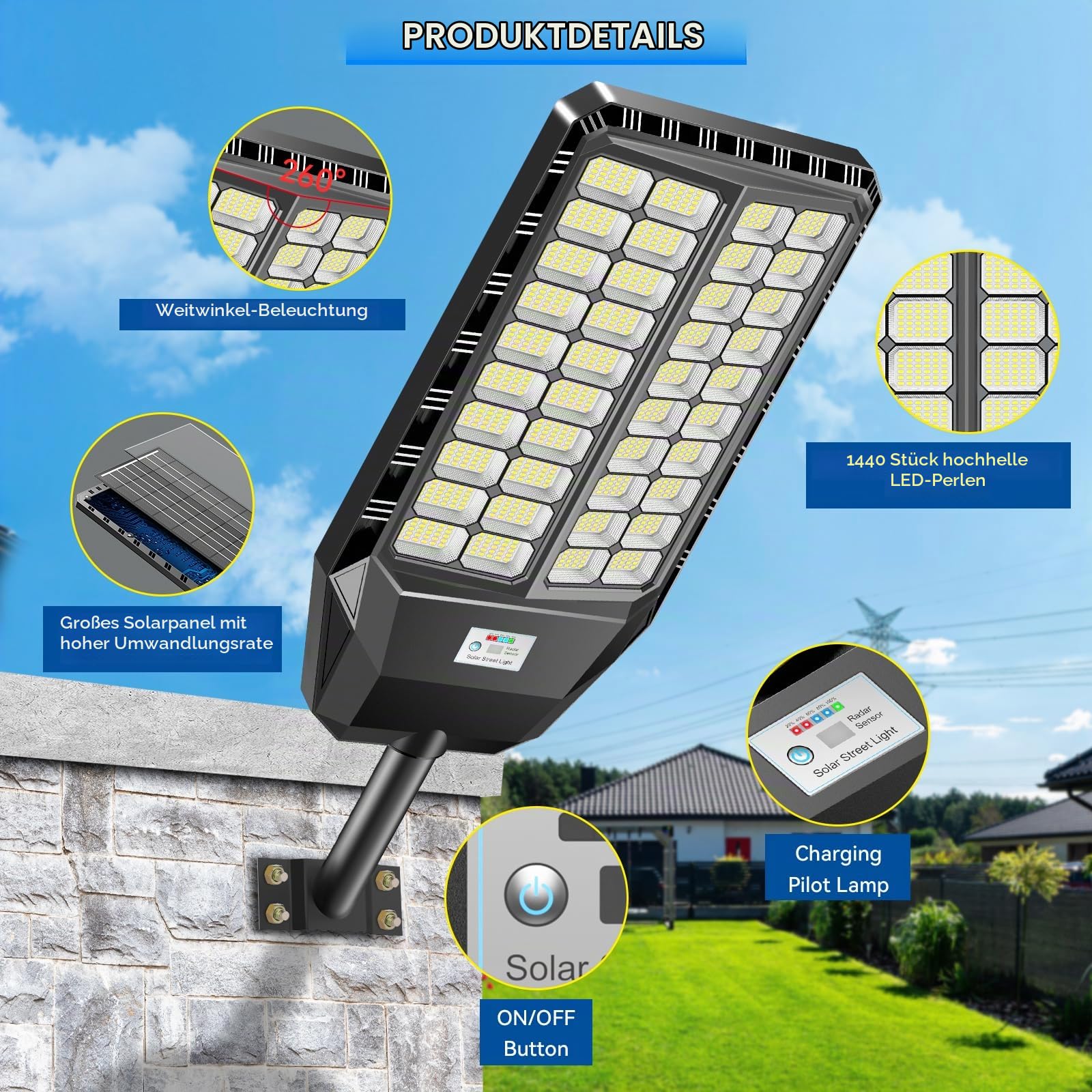 Adewalk 2600W Solar Straßenlaterne für Außen, Solarlampen mit Bewegungssensor, 6500K Solarleuchten Dämmerung bis zum Morgengrauen IP66 Solar Wegeleuchte im Freien für Gärten Garage