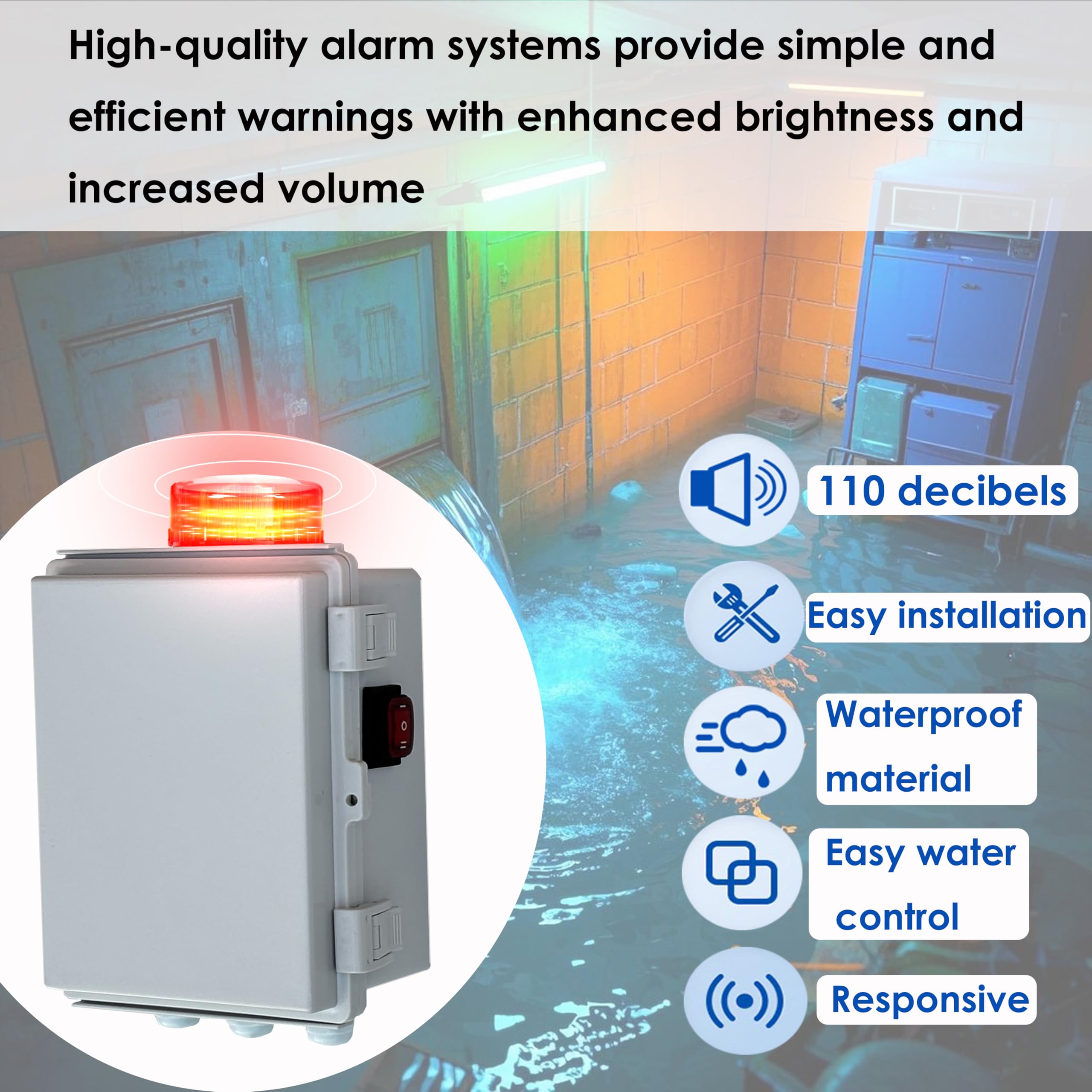 Ulepszony alarm szamba i pompy ściekowej, alarm 110 dB + dioda LED o wysokiej jasności, monitorowanie pływaka 13 stóp, dedykowane do szamba/pompy ściekowej/stawu/zbiornika