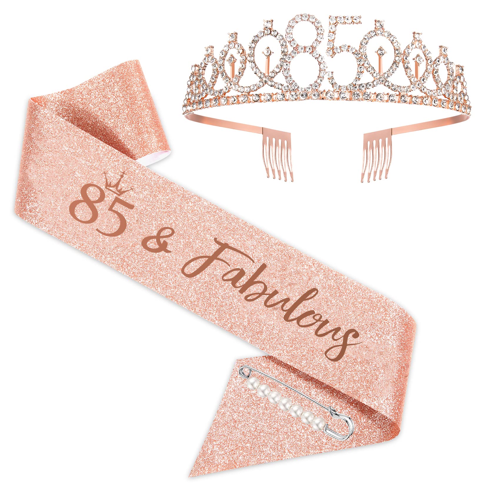 BRT Bearingshui 85th Birthday Sash, Tiara and Crown for Women - Rose Gold 85 & Fabulous Sash Set, Gifts for Happy 85th Birthday Party Favor Supplies