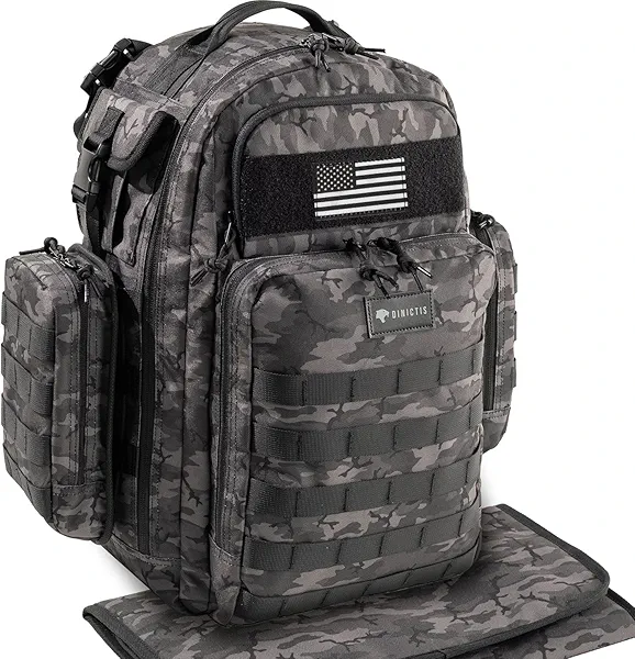Dad Diaper Bag, Mens Diaper Bag Backpack with Diaper Changing Mat, Military Diaper Backpack with Molle Webbing, Waterproof Pouch, Baby Wipes pocket, Insulated Bottle Pockets- Black Camo