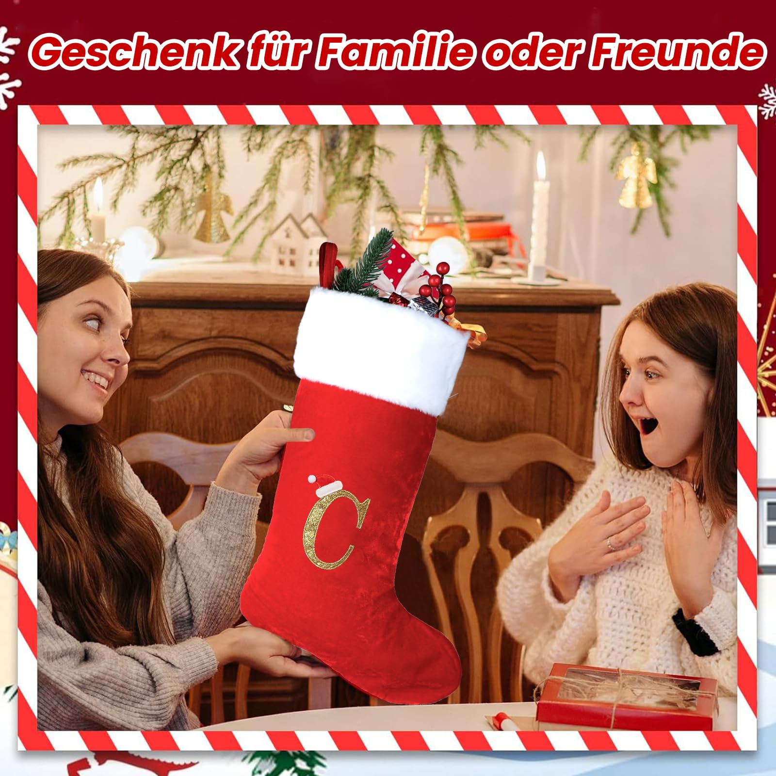 MSQ Chaussettes de Noël personnalisées de 45 cm avec Lettre C Rouge Velours | super doux pour Noël sapin de Noël vacances cheminée famille décoration