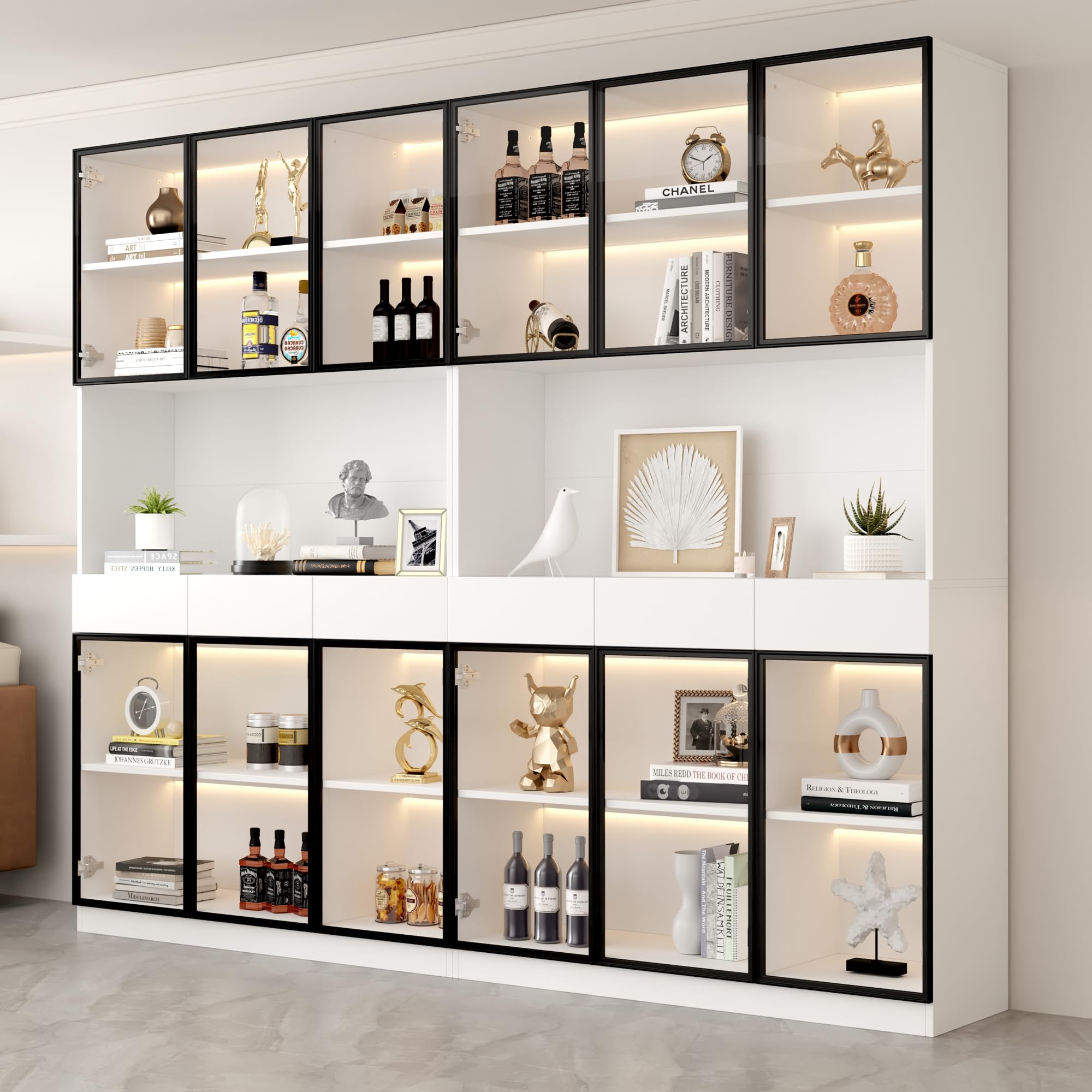 Kebnor Anta in vetro, altezza 200 cm, vetrina bianca con luci a LED, libreria multiuso per collezioni, camera da letto, soggiorno, ufficio, telaio porta bianco-nero