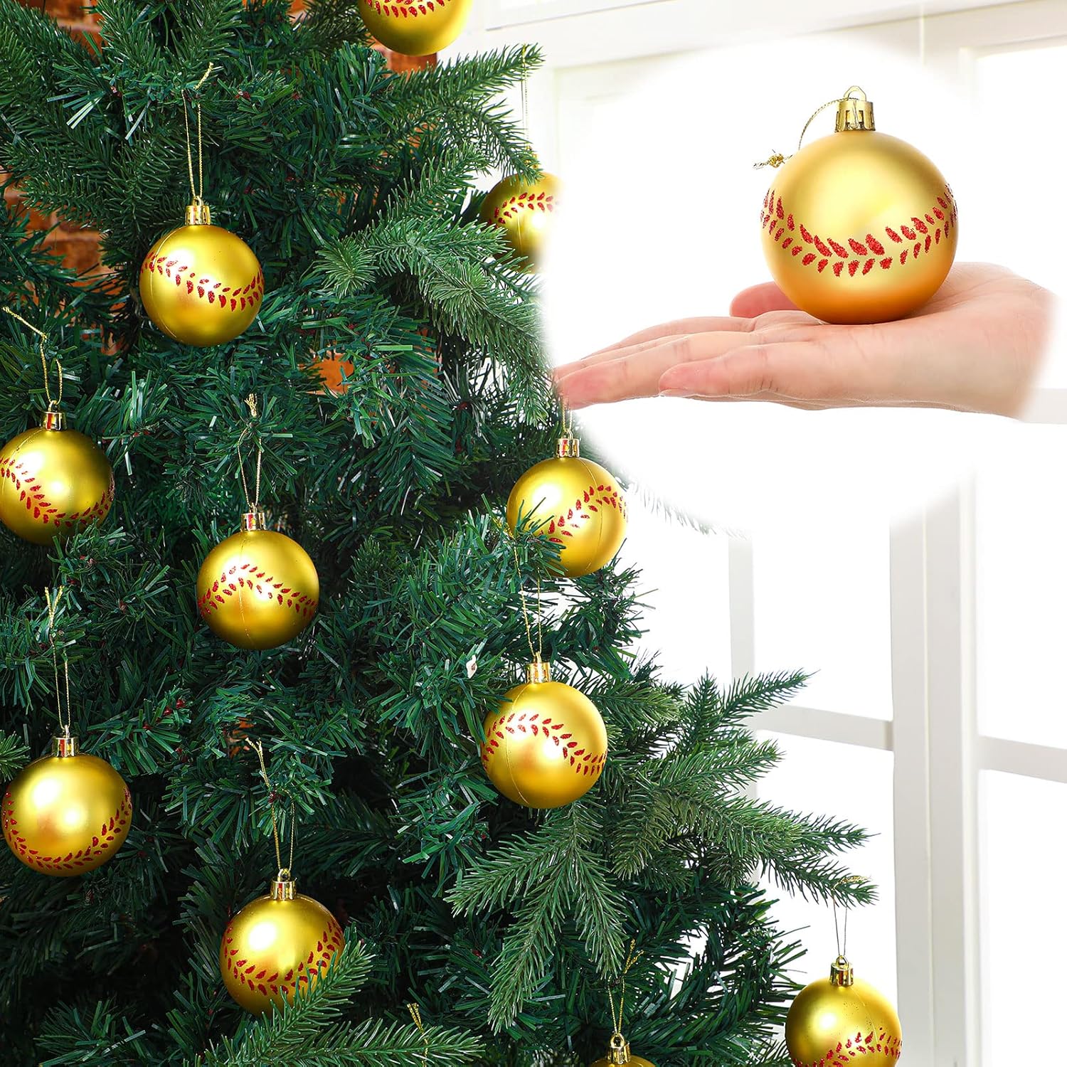 Christmas Baseball Ornament Hanging Decorations for Party Ornaments for Christmas Tree Xmas Bauble Sport Balls Festive Hanger Classic Red and Silver Holiday Theme Supplies(Softball,24 Pcs)