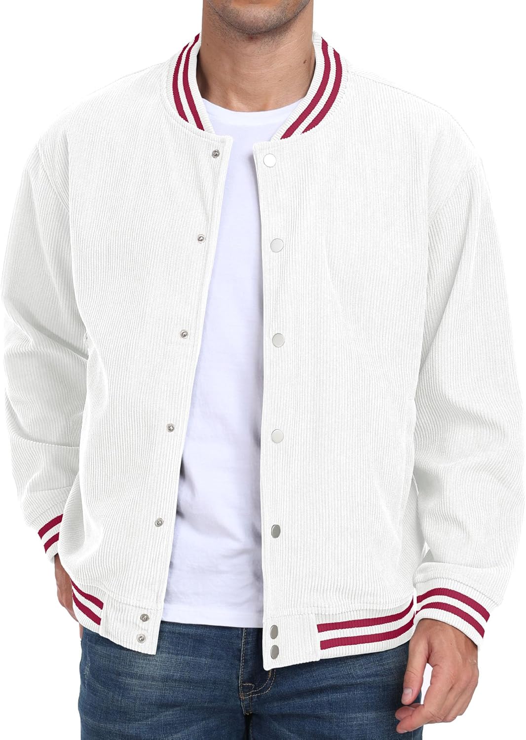 Askdeer Men's Casual Shirts Corduroy Button Down Varsity Jacket Long Sleeve Bomber Baseball Jacket - Image 5