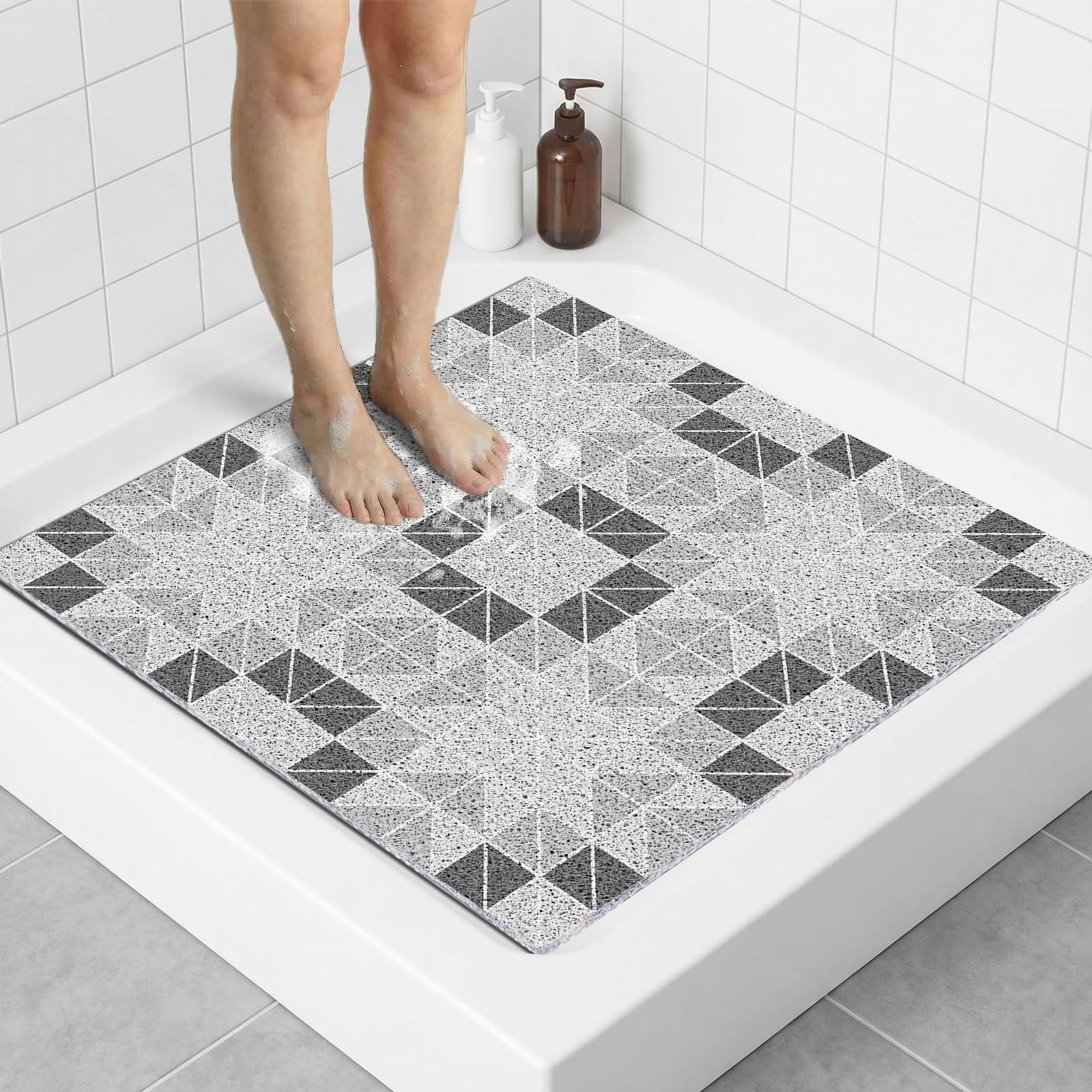 Square Loofah Shower Mat Non Slip 70x70 CM, Anti Mould Quick Drying PVC Mat for Inside Shower & Wet Room, Anti Slip for Elderly & Adults, Textured, Bath Mats for Bathroom, Gray Geometry