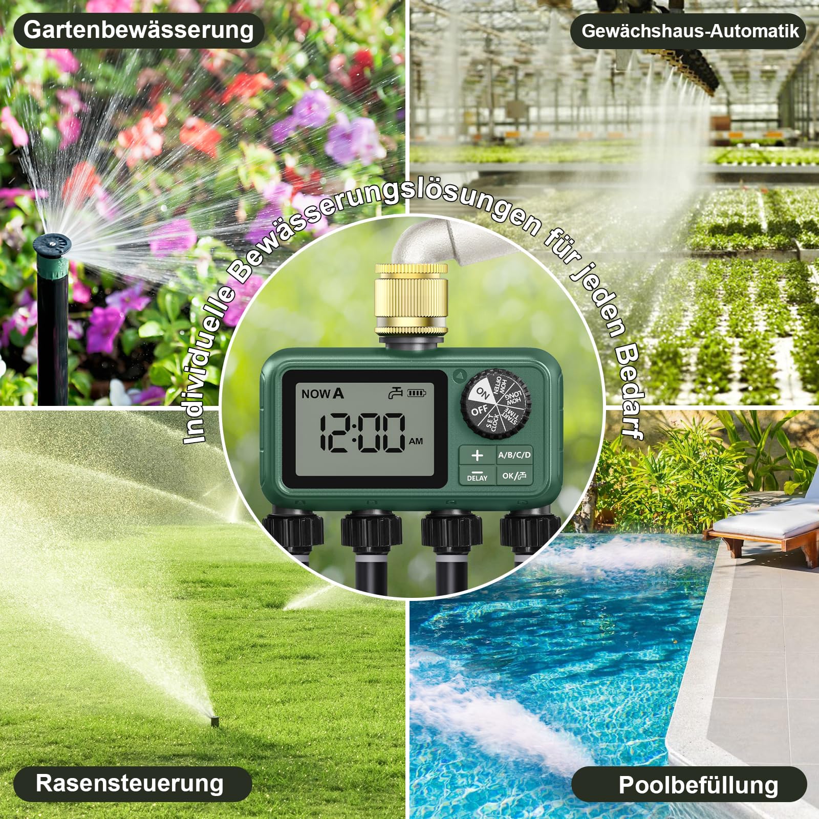 Sterownik nawadniania, 4 wyjścia, mosiężny wlot, duży wyświetlacz LCD, zegar nawadniający, automatyczne nawadnianie, zegar sterujący z opóźnieniem deszczu, ręczny zegar sterujący do ogrodu, na trawnik