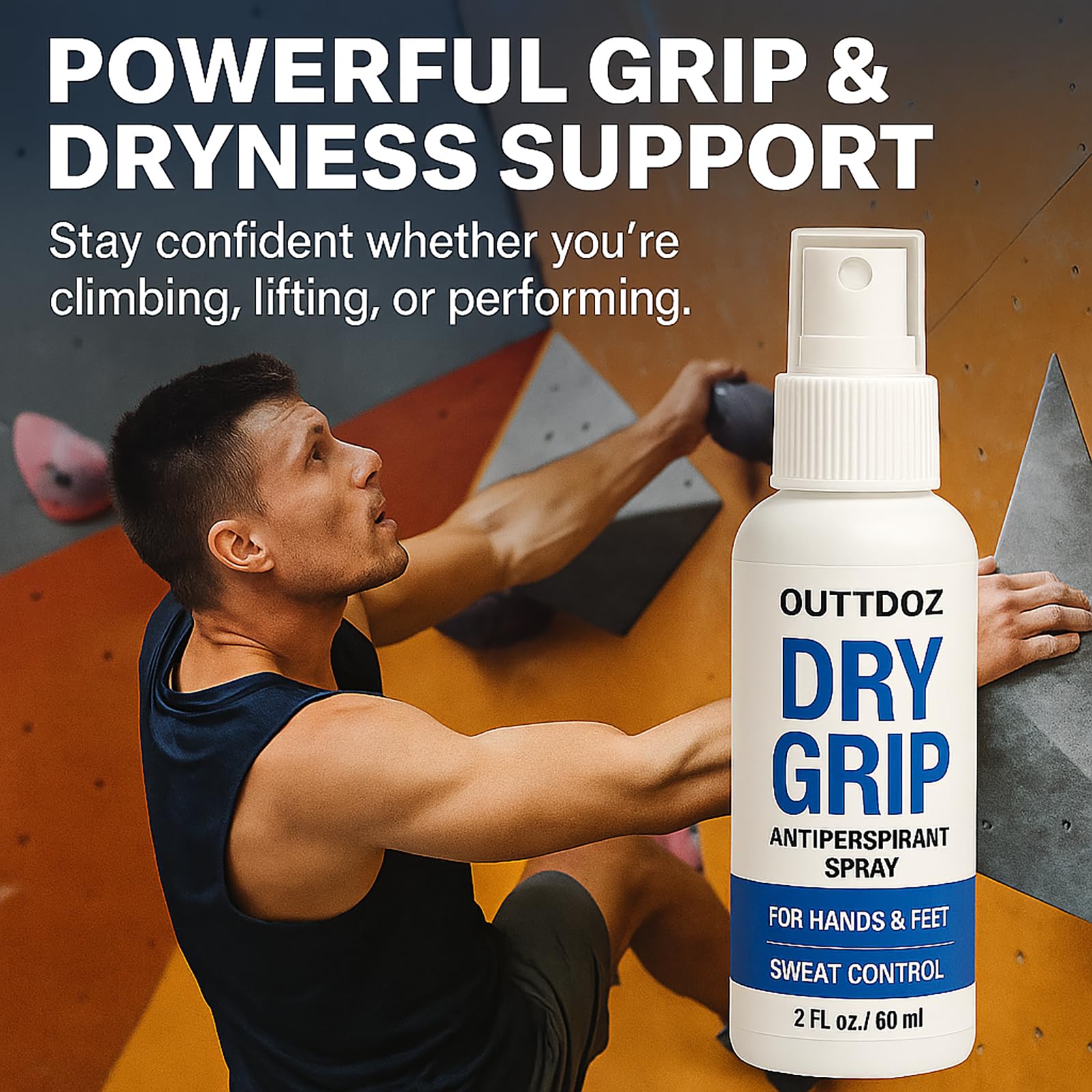 DryGrip Spray antitraspirante per mani e piedi, controllo del sudore extra forte con il 15% di cloruro di alluminio, migliora la presa per arrampicata, ginnastica, sollevamento pesi, danza e sport (1