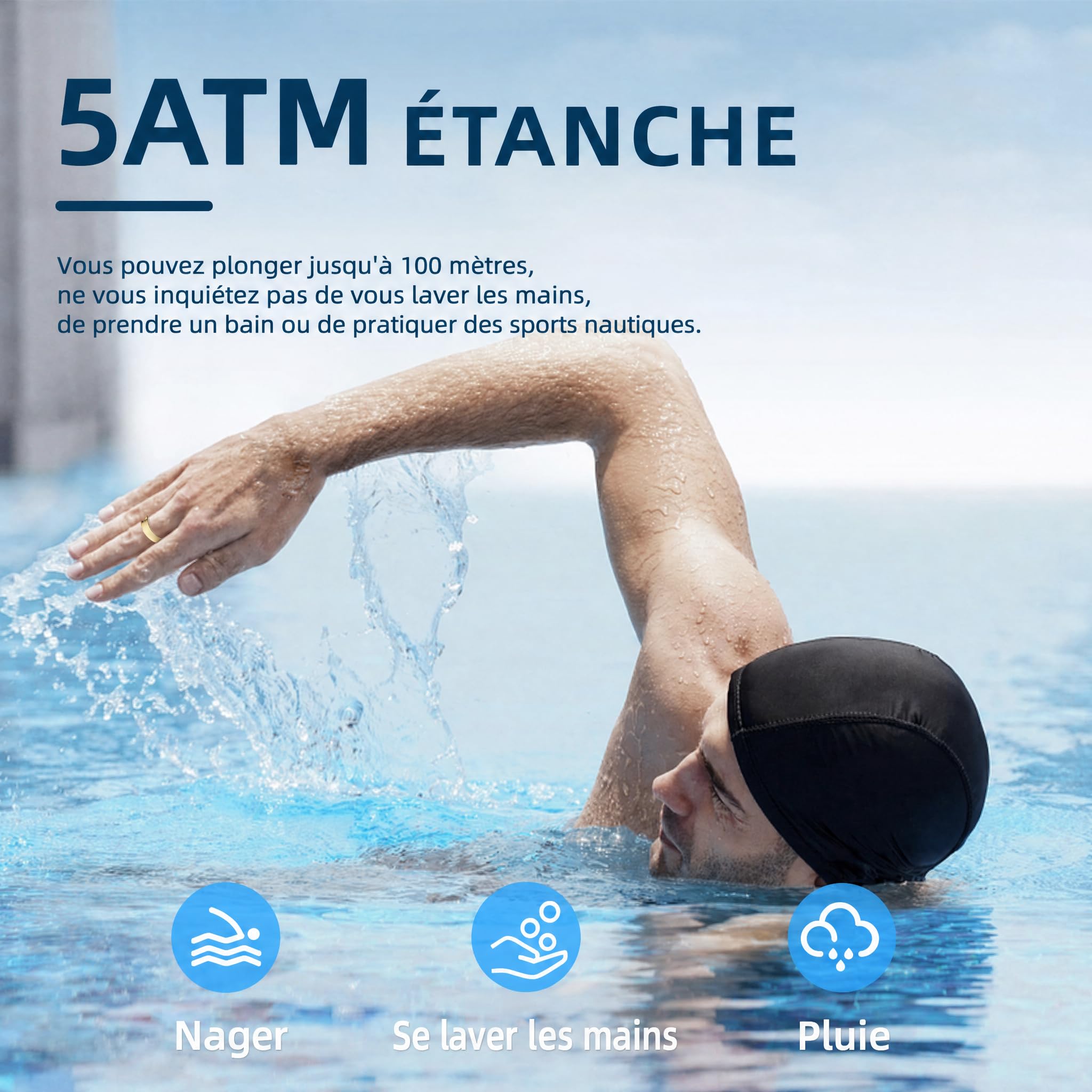 Bague connectée pour Homme et Femme – Capteur de Sommeil, Température Corporelle, Fréquence Cardiaque et Suivi Multi-Sports Étanche 5ATM, sans Abonnement(Or Élégant, 8)