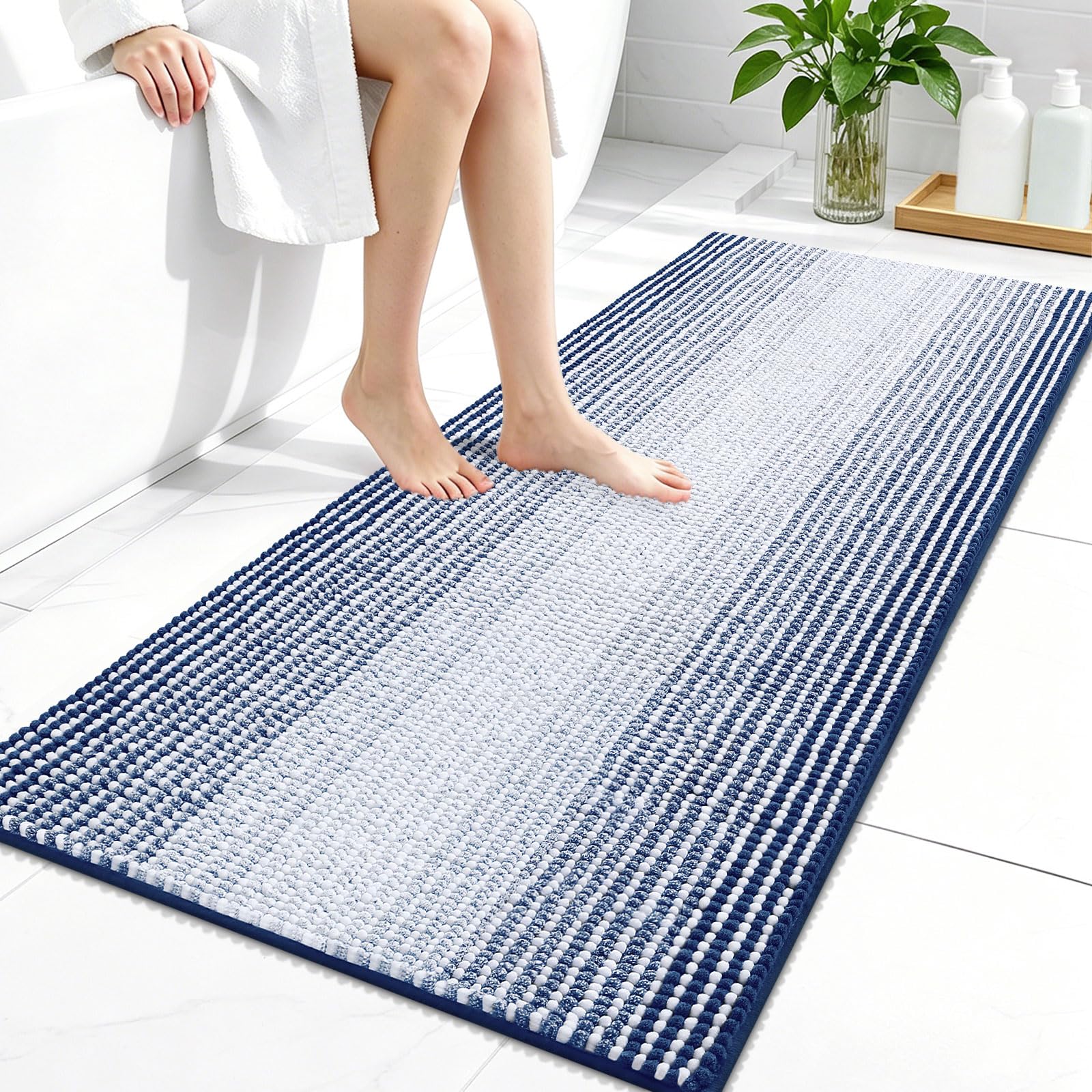 OLANLY Bathroom Runner Rugs 44x24, Soft Chenille Striped Bath Rugs, Navy