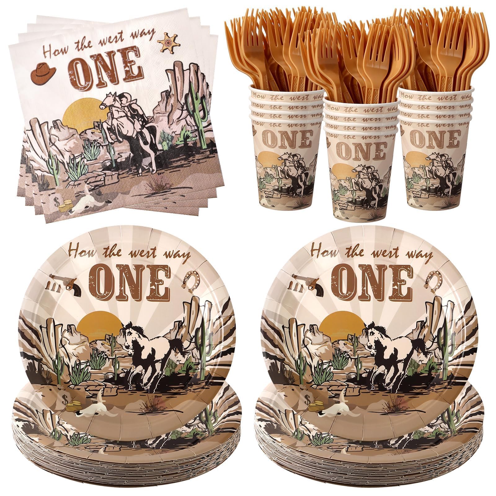 96 Pcs Western Cowboy Party Decorations Bulk Wild West Party Plates 24 First Rodeo Disposable Paper Plates 24 Cowgirl Napkins 24 Cups and Forks for Baby Shower Birthday for Guests