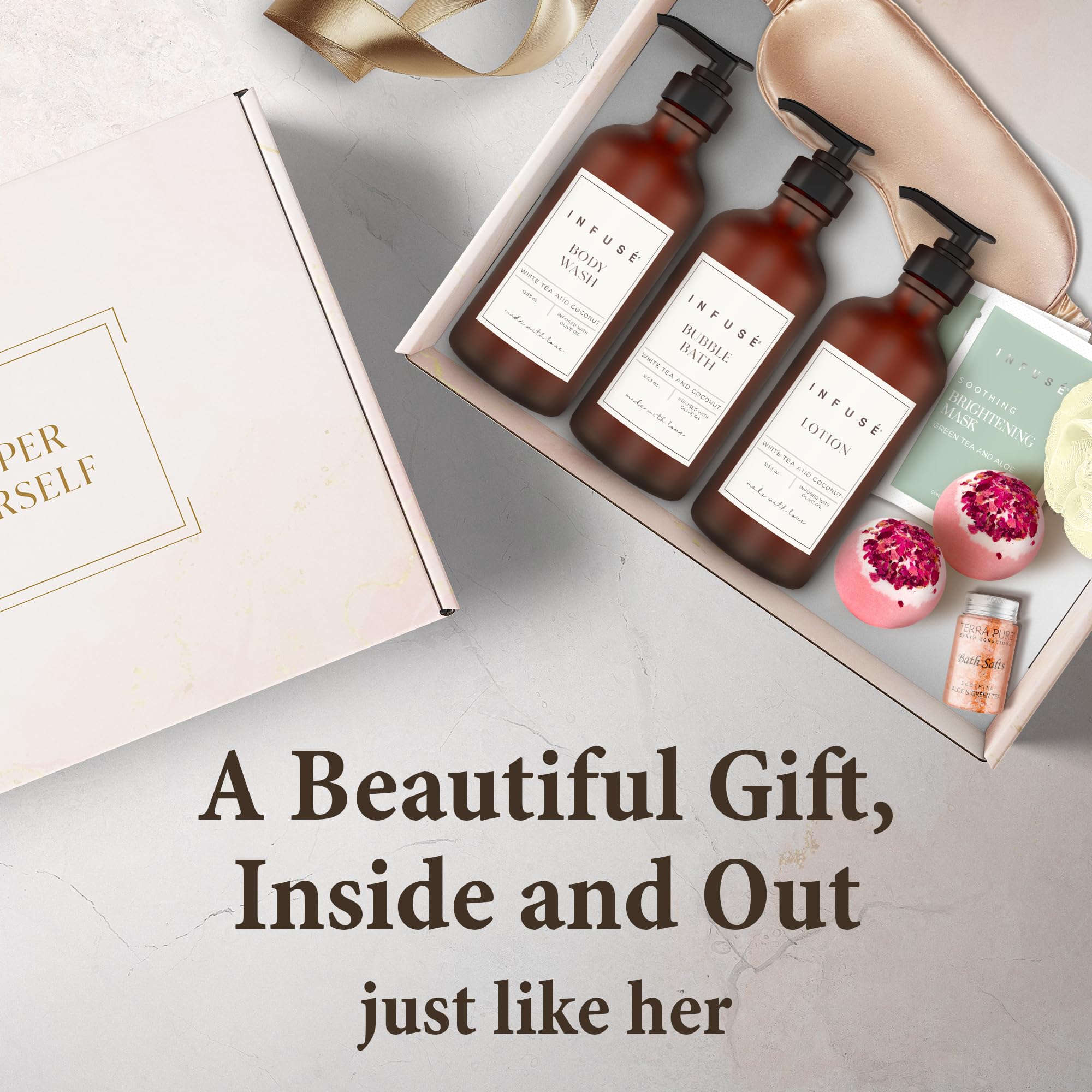 17-Piece Luxury Gift Set with Robe | Complete INFUSÉ White Tea & Coconut Bath Collection | Self-Care Kit with Bath Bombs, Face Masks & Hair Care | Bridesmaid, Mom, Wife, Grandma or Loved Ones