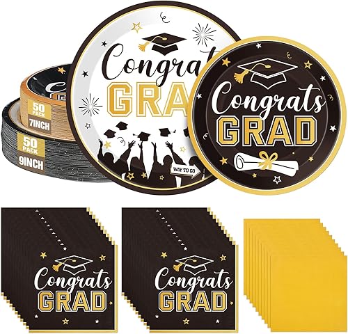Juego de 200 platos y servilletas de graduación de felicitaciones, suministros de fiesta de graduación clase de 2023, platos desechables de papel de