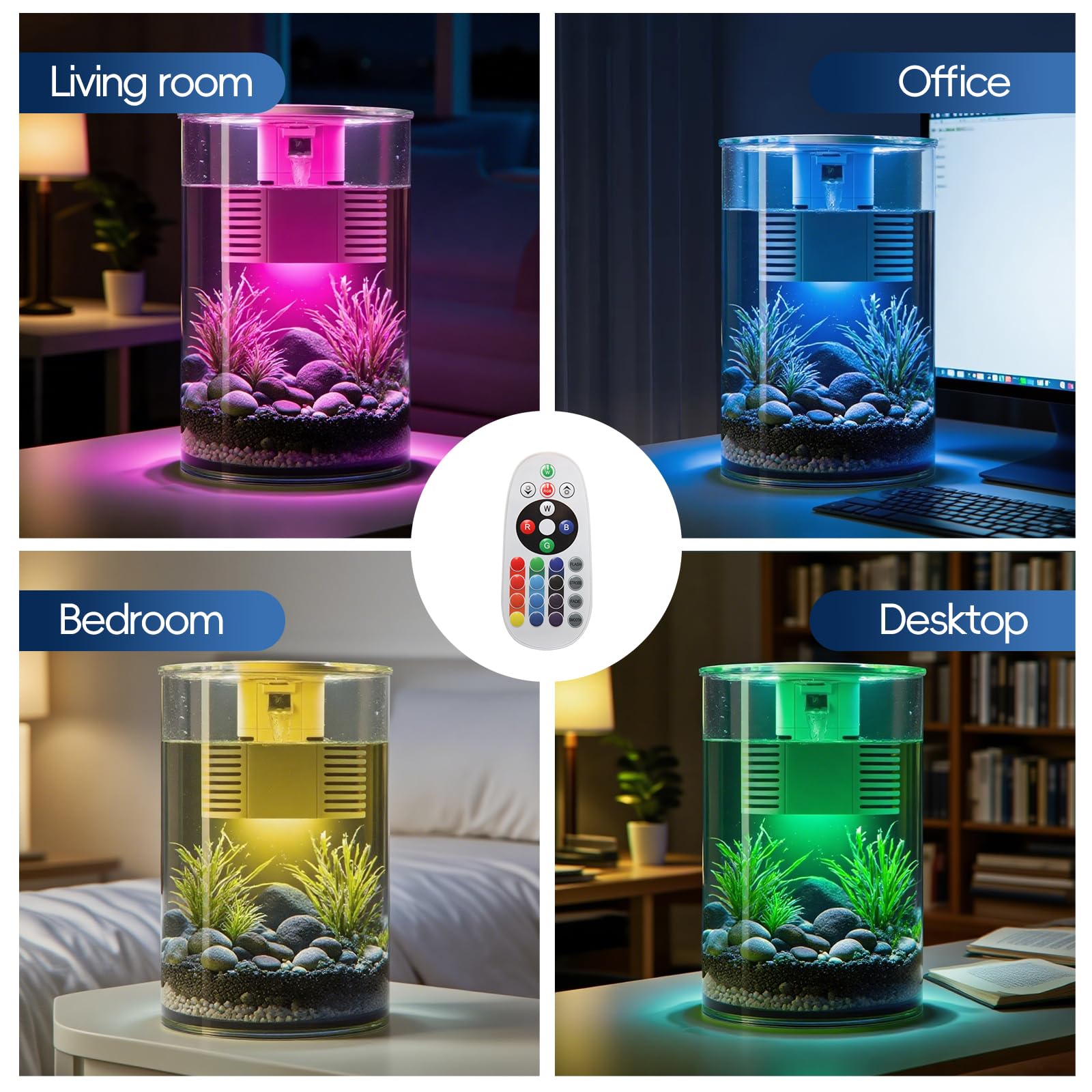 Aquarium, Petit Aquarium 11L/3 gallons avec Filtre et éclairage LED (17 Couleurs au Choix), 360° Fish Tank pour Petits Poissons et Poissons Betta, la Maison, Le Bureau et Les Cadeaux