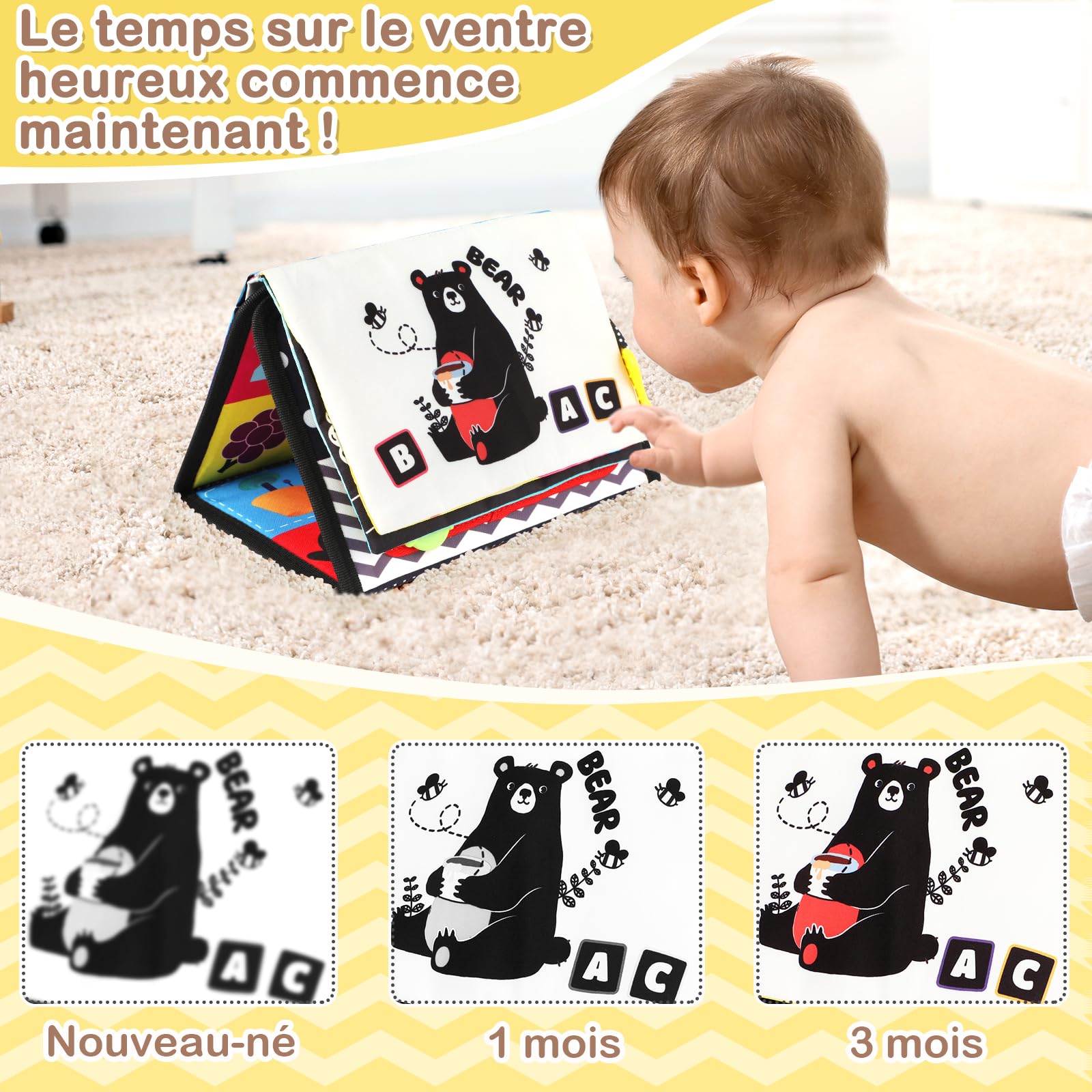URMYWO Jouet Bebe 0-3-6-9-12 Mois - Miroir d'Éveil Pliable avec Jouet de Dentition et Livre Papier froissé Sensoriel - Montessori Noir et Blanc à Motifs Contrastés pour l'Éveil des Bébés