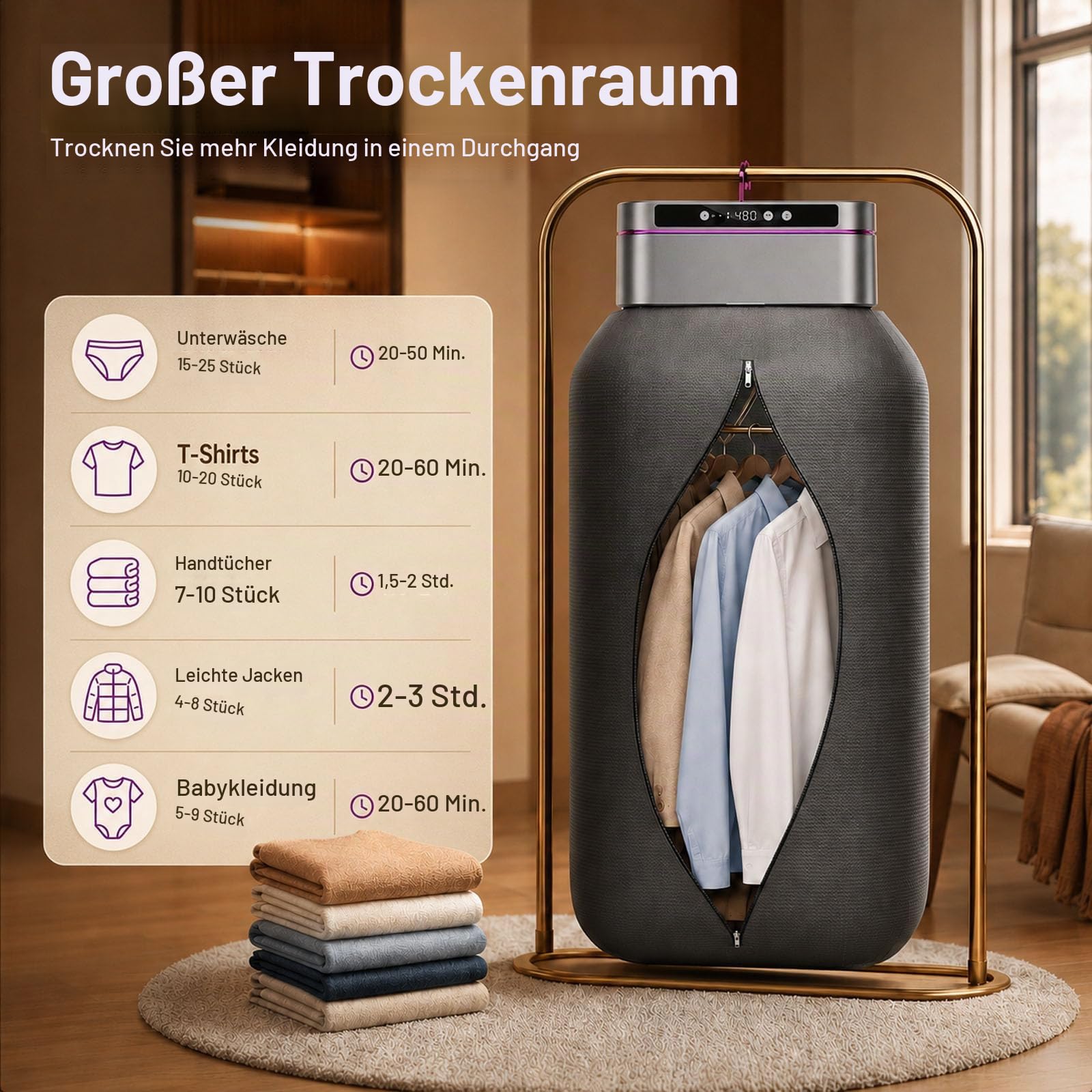 Ferngesteuerter Mini Trockner,Trockner Klein | Trocknet Kleidung, Schuhe Und Bettdecken In Einem,2 Temperaturstufen Und 8 Zeitstufen,Ideal Für Reisen Sowie Den Hausgebrauch