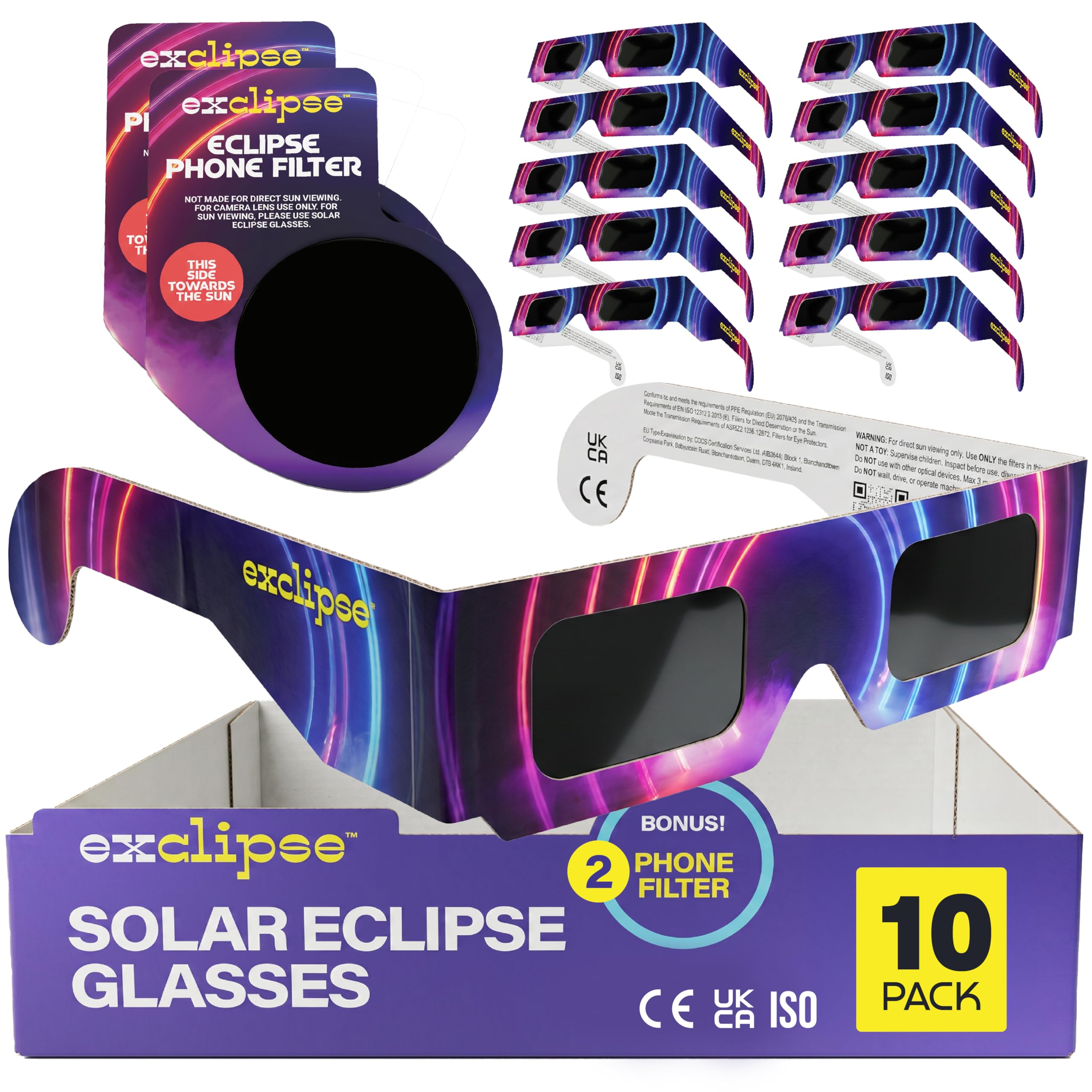 Solar Eclipse Glasses 10 Pack with 2 Phone Filters – ISO 12312-2 & CE & UKCA Certified Sun Viewing Glasses + Smartphone Filters, AAS 2026