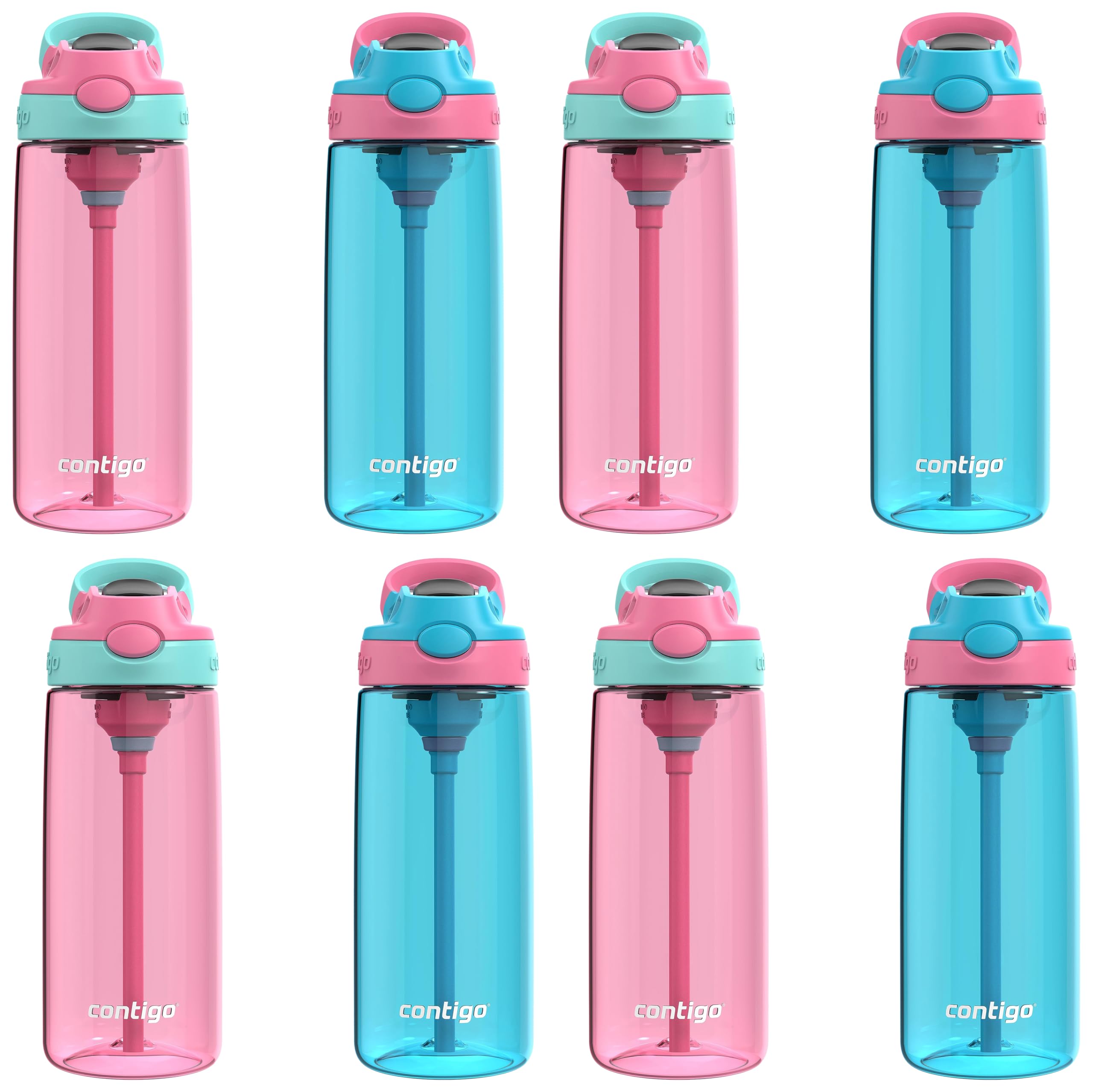 Contigo Aubrey Kids Water Bottle,20oz,Azalea/Jade &amp; Blue Raspberry.Azalea,Spill-Proof Lid,Dishwasher Safe,BPA Free,(Pack of 8)