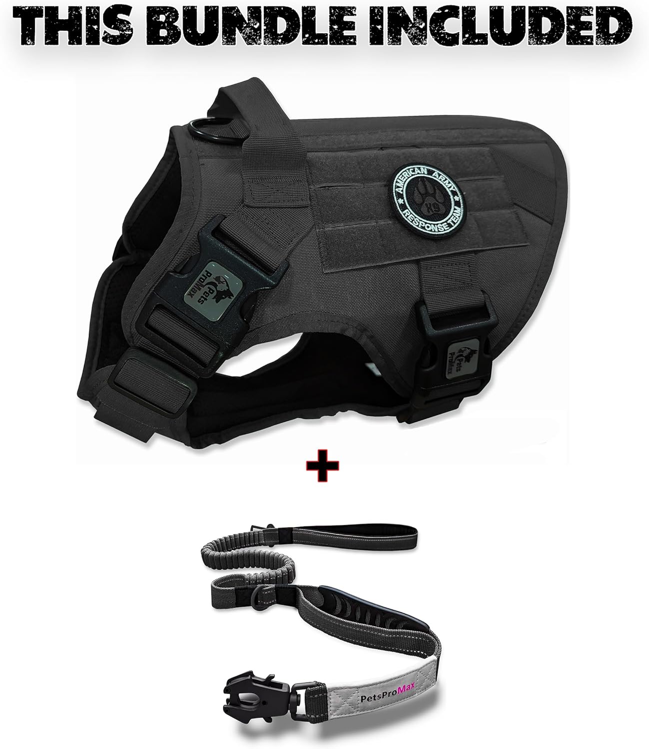 Tactical Dog Harness with Tactical Dog Leash as 1 Set for Extra Large Dogs; Military Style Tactical Dog Vest and Bungee Dog Leash with Car Seat Buckle; No-Pull Dog Vest and Leash Black XL