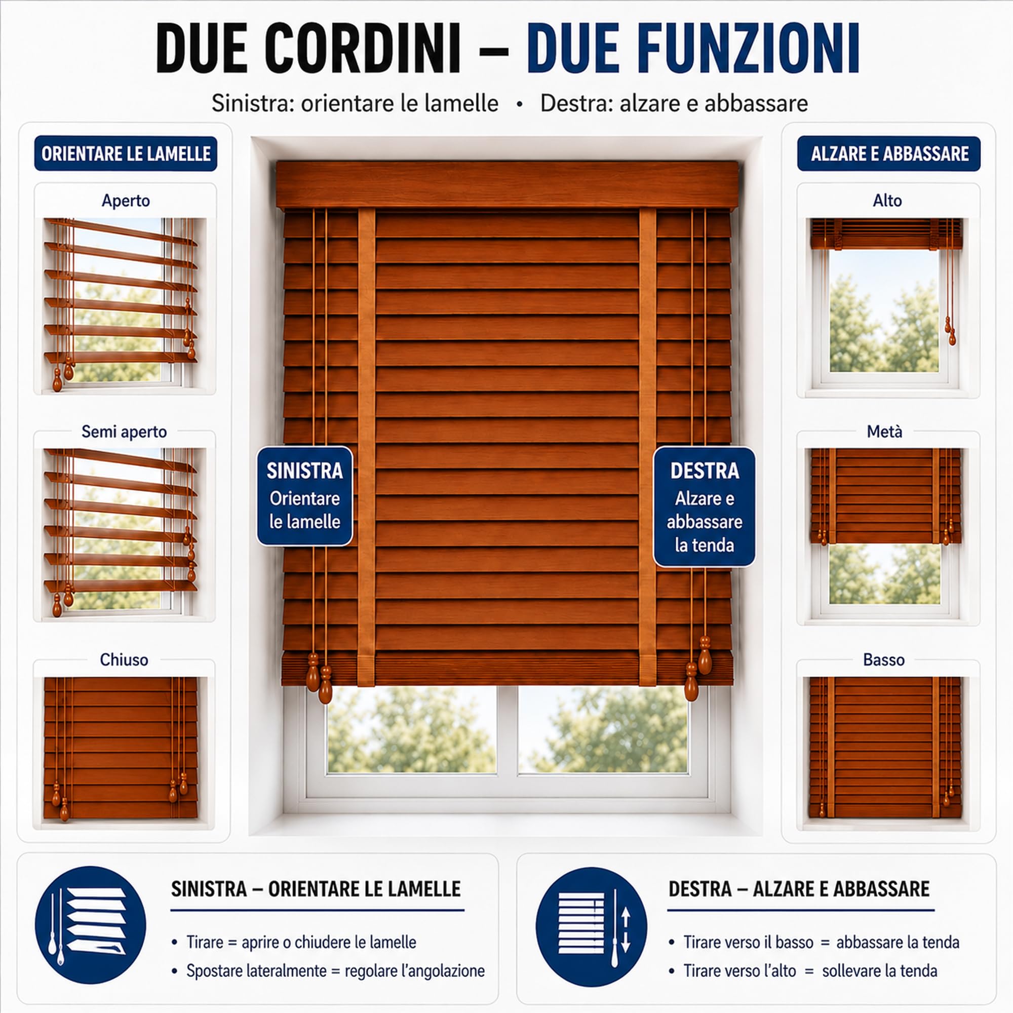 Tenda veneziana in legno su misura per finestra interna, legno di paulownia con lamelle da 50 mm, installazione con trapano, cordino, privacy e regolazione della luce M50115