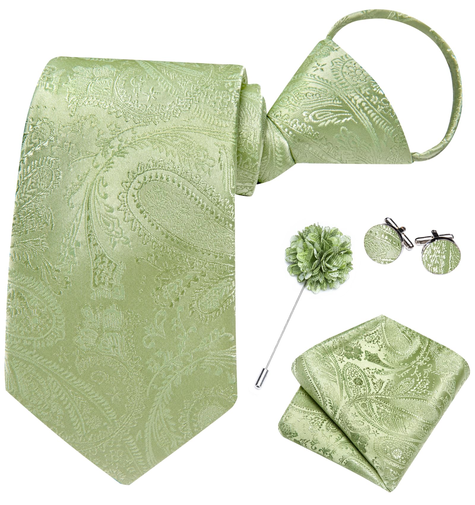 Hi-Tie Zipper Sage Green Paisley Ties for Men Adjustable Pre-Tied Necktie Lapel Pin Pocket Square Cufflinks Set