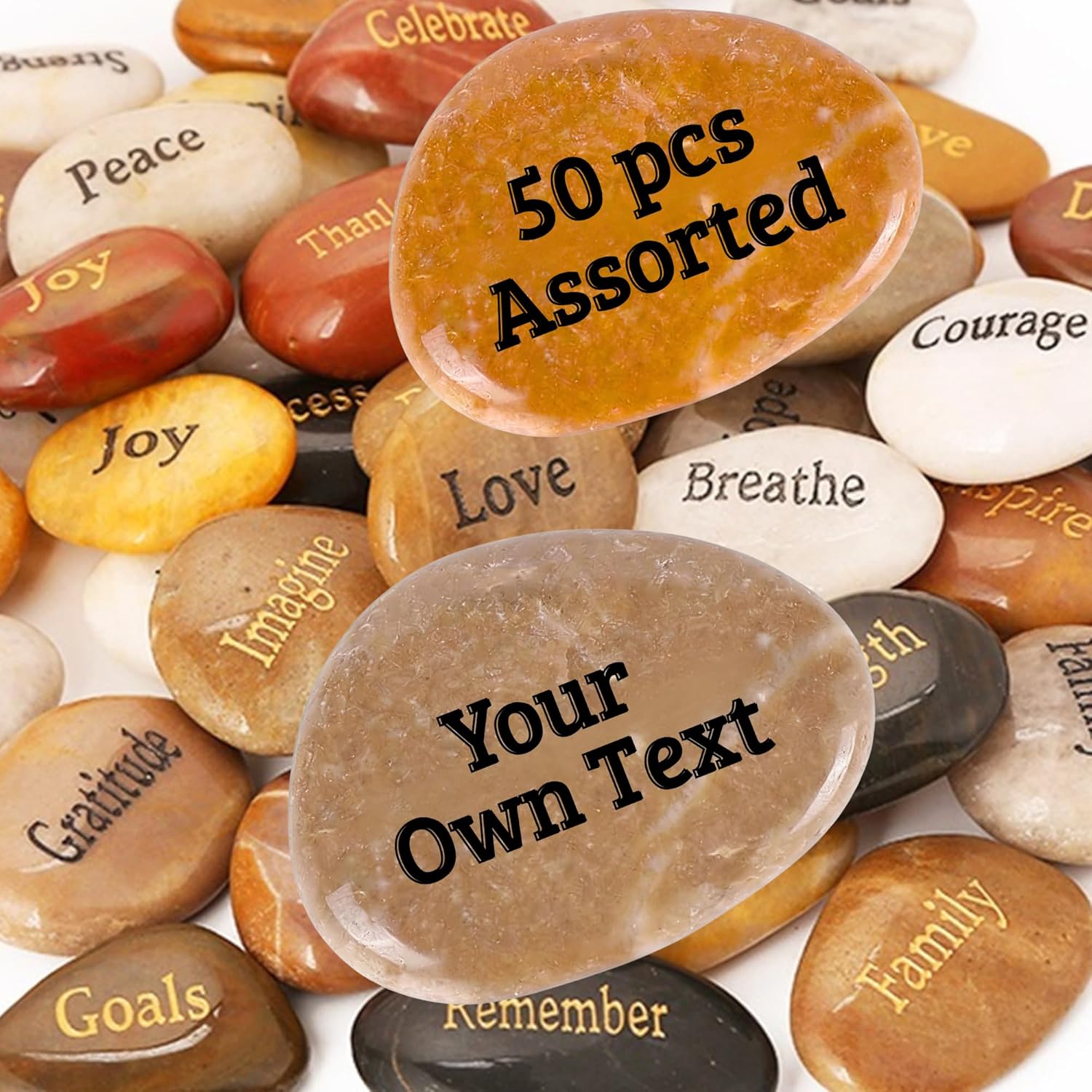 50PCS Bulk Custom Engraved Stones Made-to-Order River Rocks Personalized Inspirational Faith Healing Encouragement Stone 1.5"-2" for Corporate Events, Church, School, Wholesale Resale & Memorial Gifts