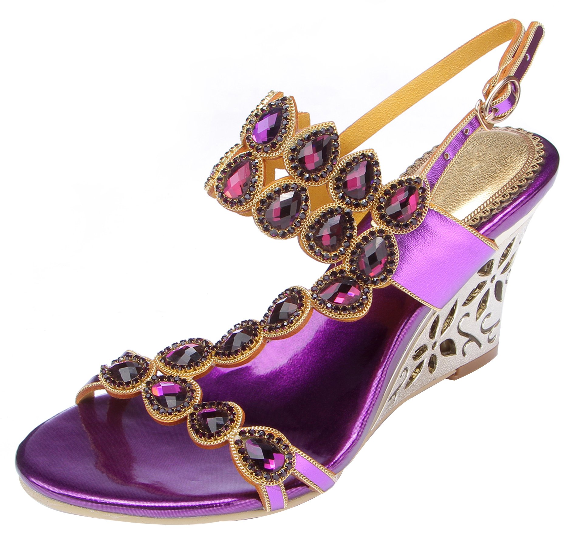 Honeystore Women's Water Patterned Rhinestones with Straps Wedge Sandals