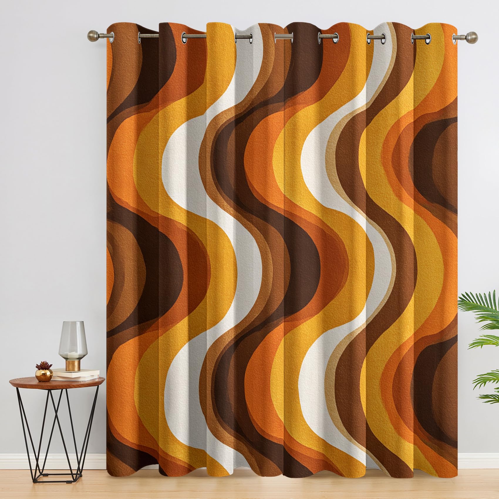 Generisch Retro 70er Jahre Vorhang Blickdicht 2er Set, H 245 x B 140, 95% Verdunklung, Abstrakt Welle Gestreift Vorhänge für Wohnzimmer Schlafzimmer Deko, Thermo Fenster Gardinen mit Ösen RSE226