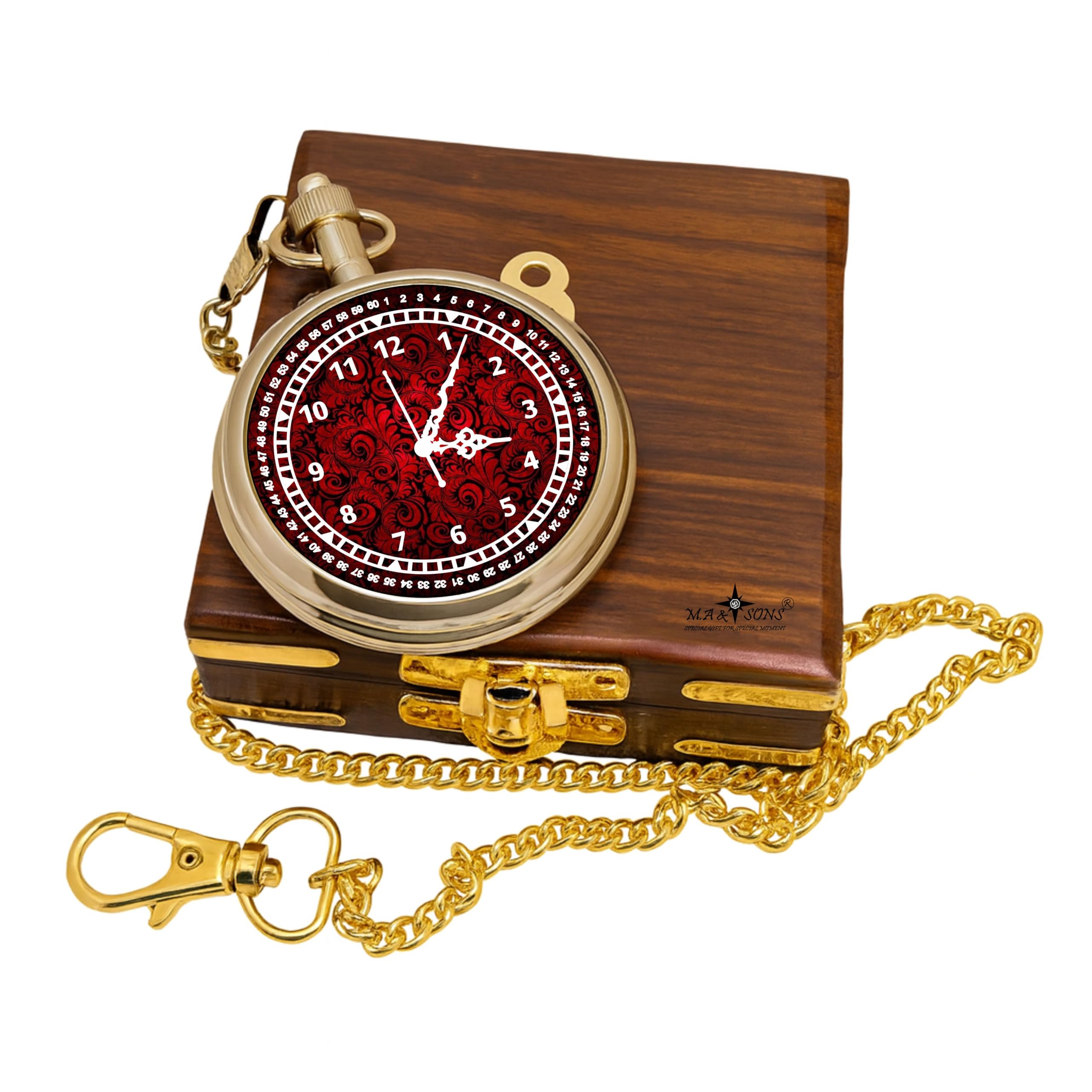 Unisex Branded Brass Pocket Analog Watch Red Color Inside Dial And Backside Message Personalized As Your Choice Watch With Wooden Box