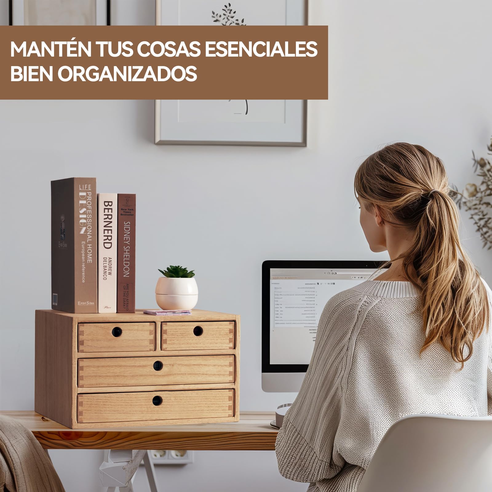 KIRIGEN Cajas de Madera para cajones Planos de Archivos, Cajas de Almacenamiento con Compartimentos, Montaje sin Herramientas 3 Niveles/4 cajones Color Natural