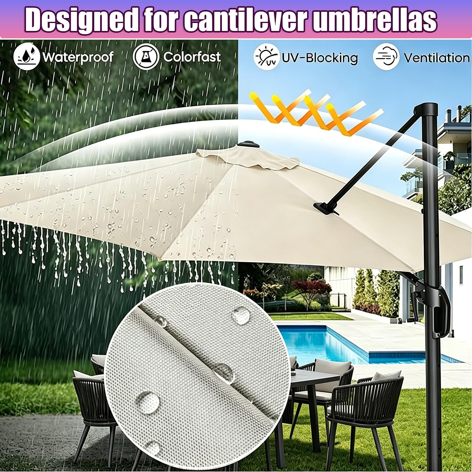 Toile de Parasol Déporté 3/3.5 m 8 Baleines, Housse de Rechange pour Parasol, Anti-UV Toile pour Jardin Terrasse(Beige,350cm(11.5ft))