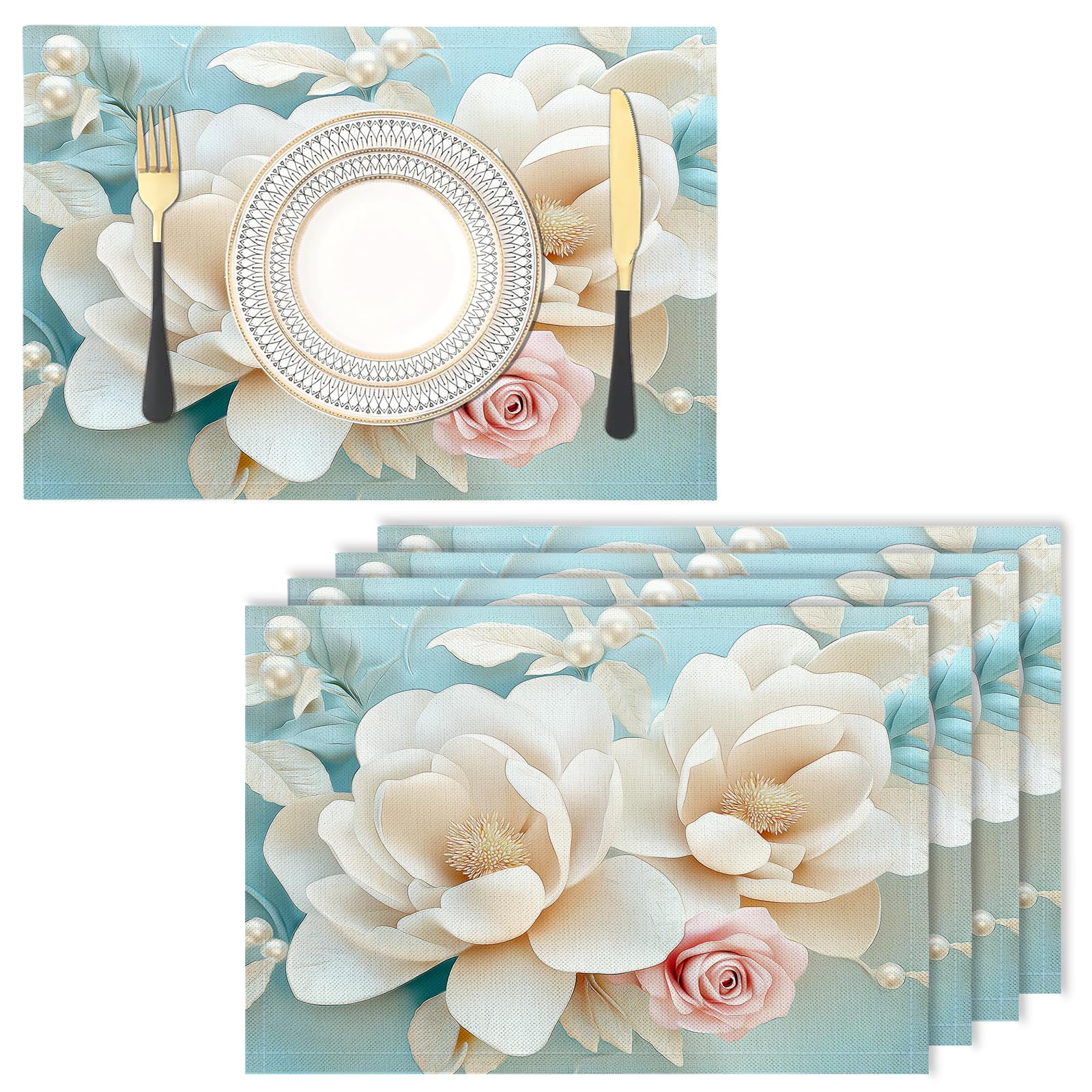 Placemats Washable Set of 8-30 x 45 cm White Magnolia Placemats, blue Cotton Linen Hemstitch Place Mats for Table, Kitchen, Dining