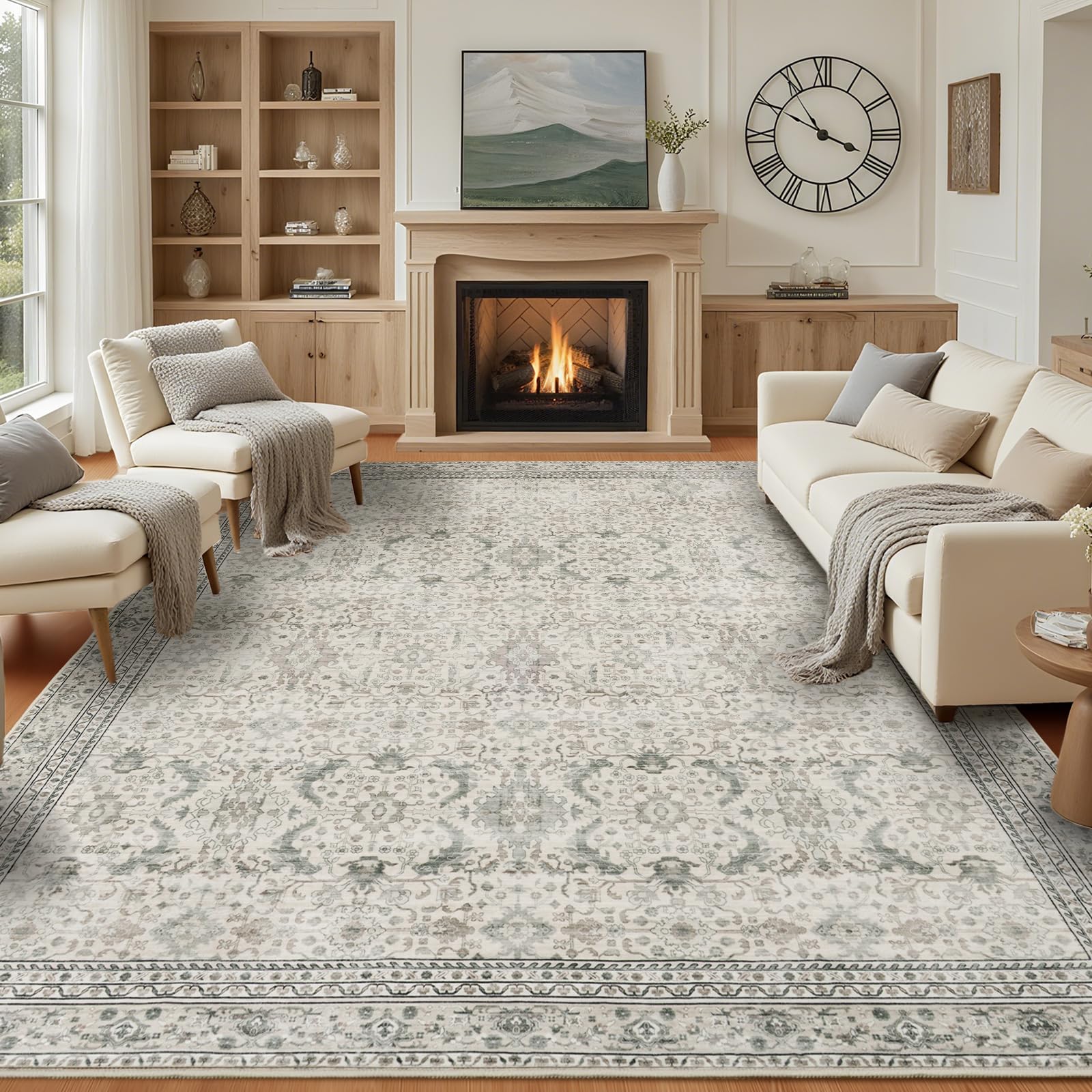 Carpelux Washable Area Rugs 8x10 Floral Beige