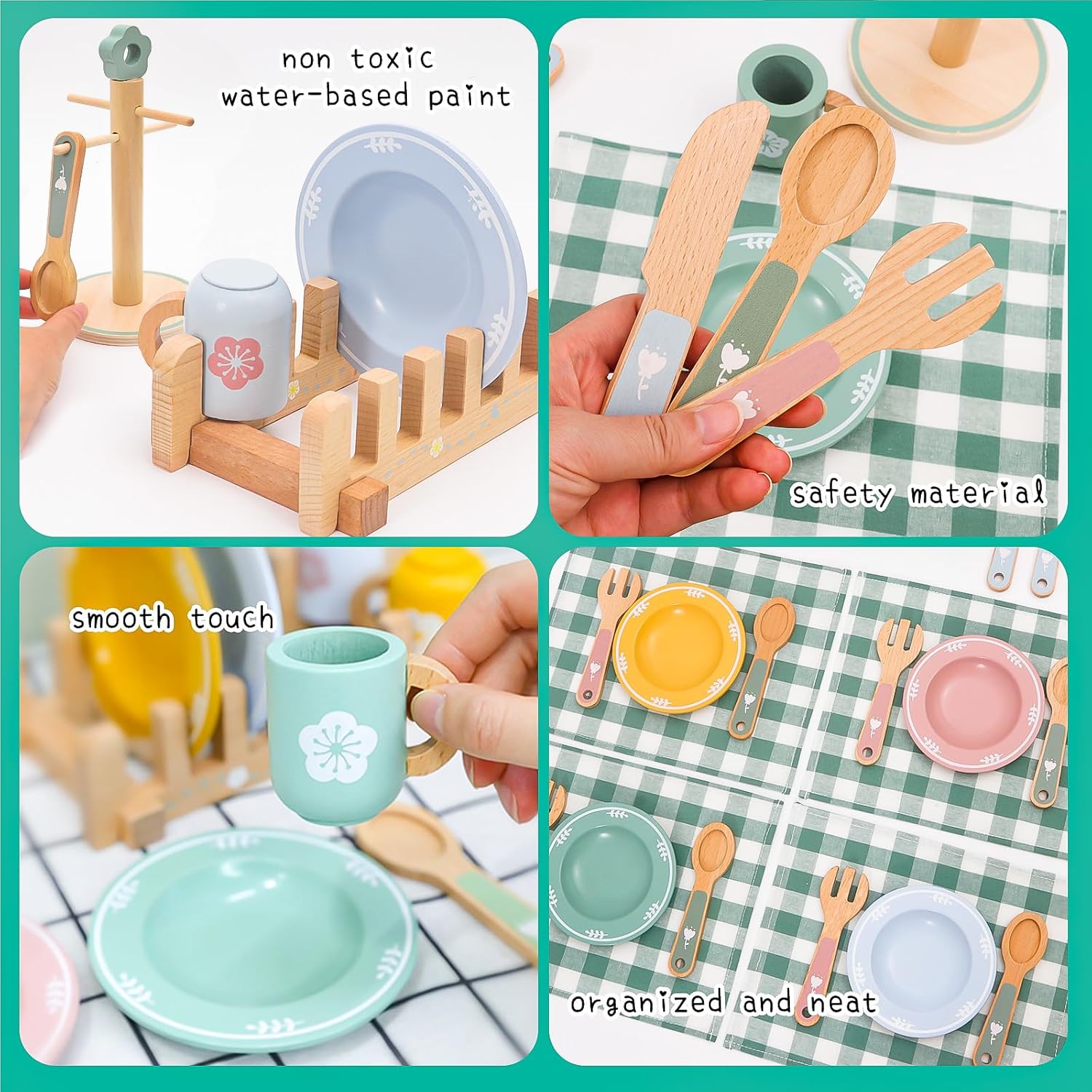 Wooden Play Kitchen Accessories Set with Detachable Dish Rack and Utensil Holder - Complete Set for Toddlers 3-5, Includes Plates and Cups, Colorful Cutlery for Pretend Play, Ideal Gift
