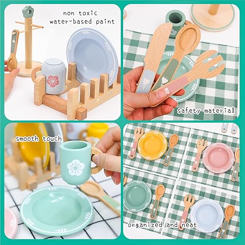 Miniatura 3 de Juego de accesorios de cocina de madera con estante desmontable y soporte para utensilios, juego completo para niños pequeños de 3 a 5 años, incluye