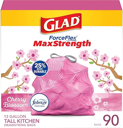 GLAD Protection Series ForceFlex Plus - Escudo de olor con cordón en flor de cerezo rosa 13 galones 90 unidades