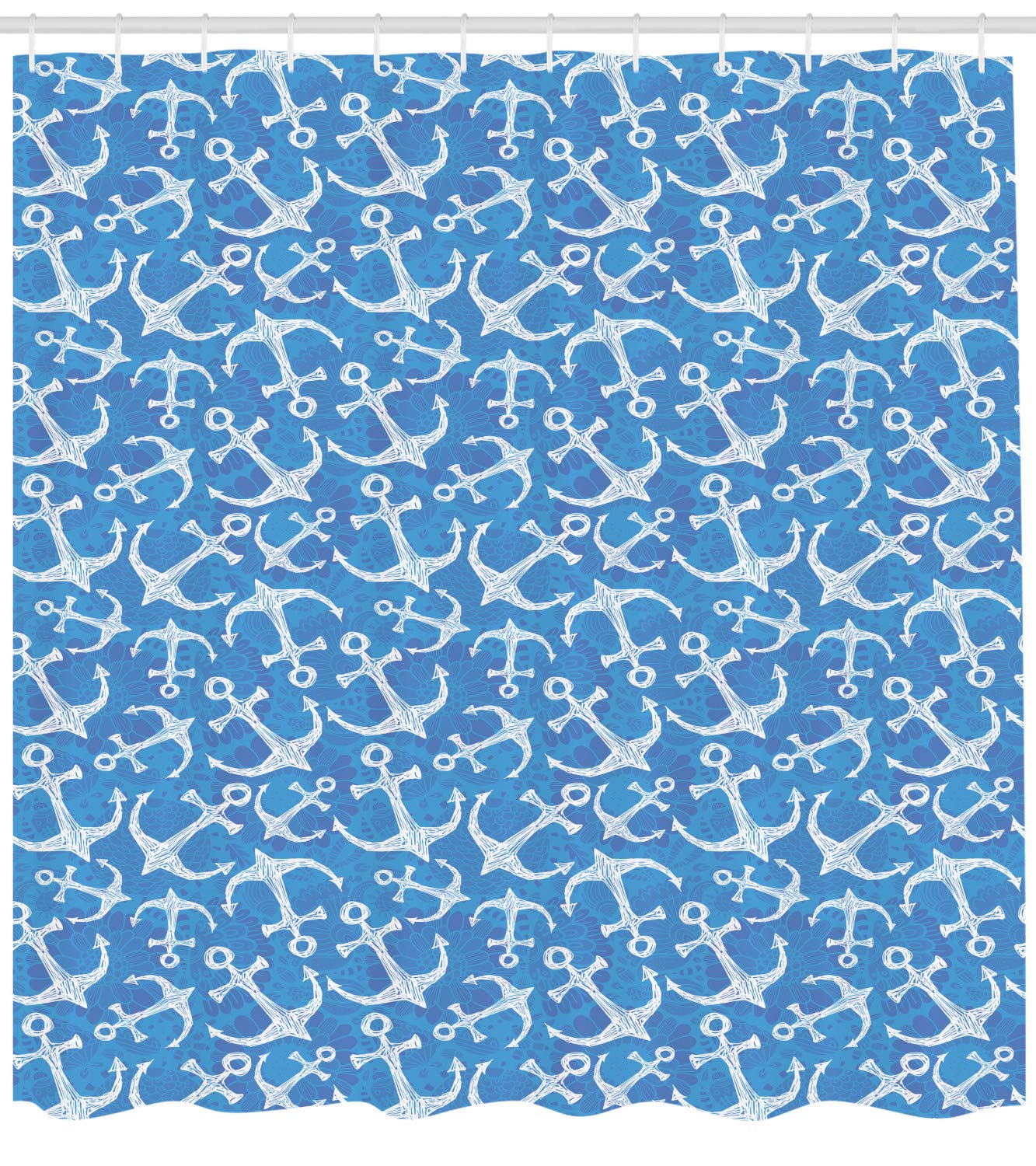 ABAKUHAUS Ancora Tenda da Doccia, piccole Ancore, Tessuto Set di Decorazioni per il Bagno con Ganci, per la vasca da bagno, 175 cm x 180 cm, Baby Blue Teal Bianco
