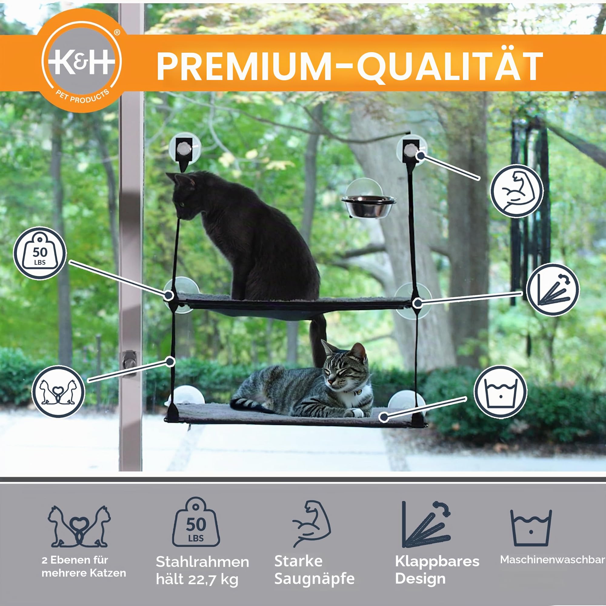 K&H 779092 EZ Easy Window Mount Kitty Sill, am Fenster zu befestigendes Katzenbett mit Zwei Ebenen