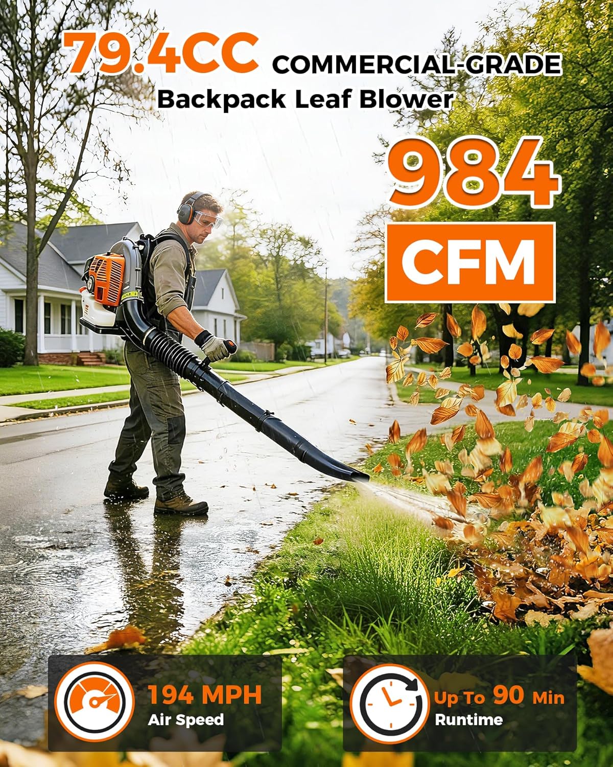 79.4cc Backpack Gas Leaf Blower 984 CFM 194 MPH Leaf Blower with Anti-Vibration Springs & Breathable Harness Heavy Duty 2-Stroke Backpack Blower for Wet Leaves, Yard & Snow